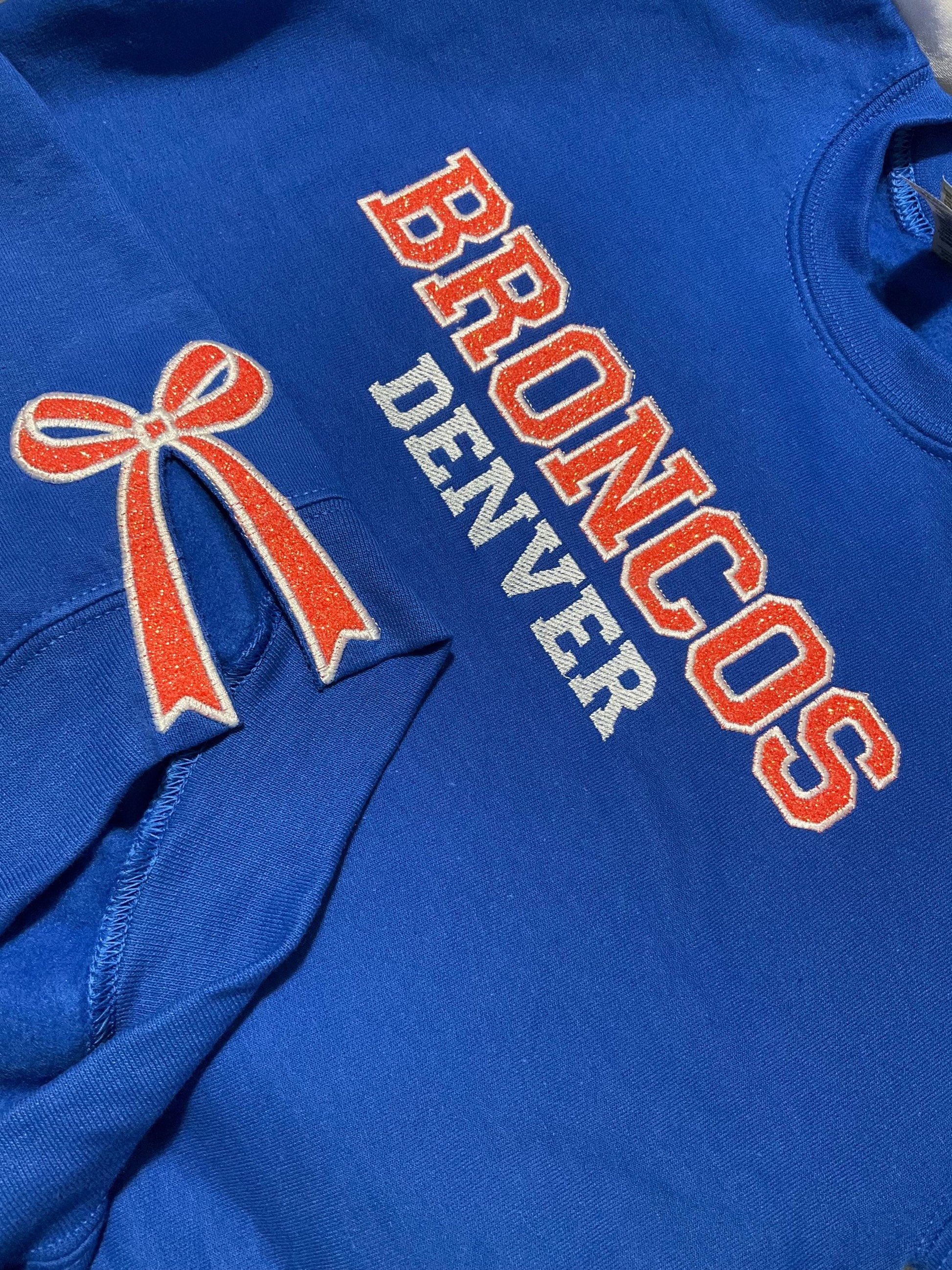 Custom Personalized Embroidered Glitter Bow Sweatshirt | Football | Basketball | Hockey | Baseball | Softball | Soccer | Team Sweatshirt by Lina Loves Two, handmade in Los Angeles CA