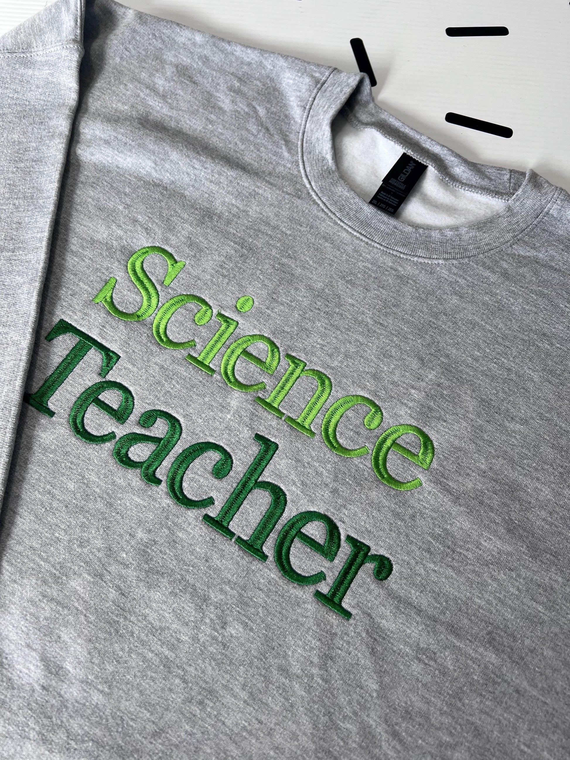 Custom Embroidered Teacher Subject Sweatshirt: Personalized Crewneck by Lina Loves Two, handmade in Los Angeles CA