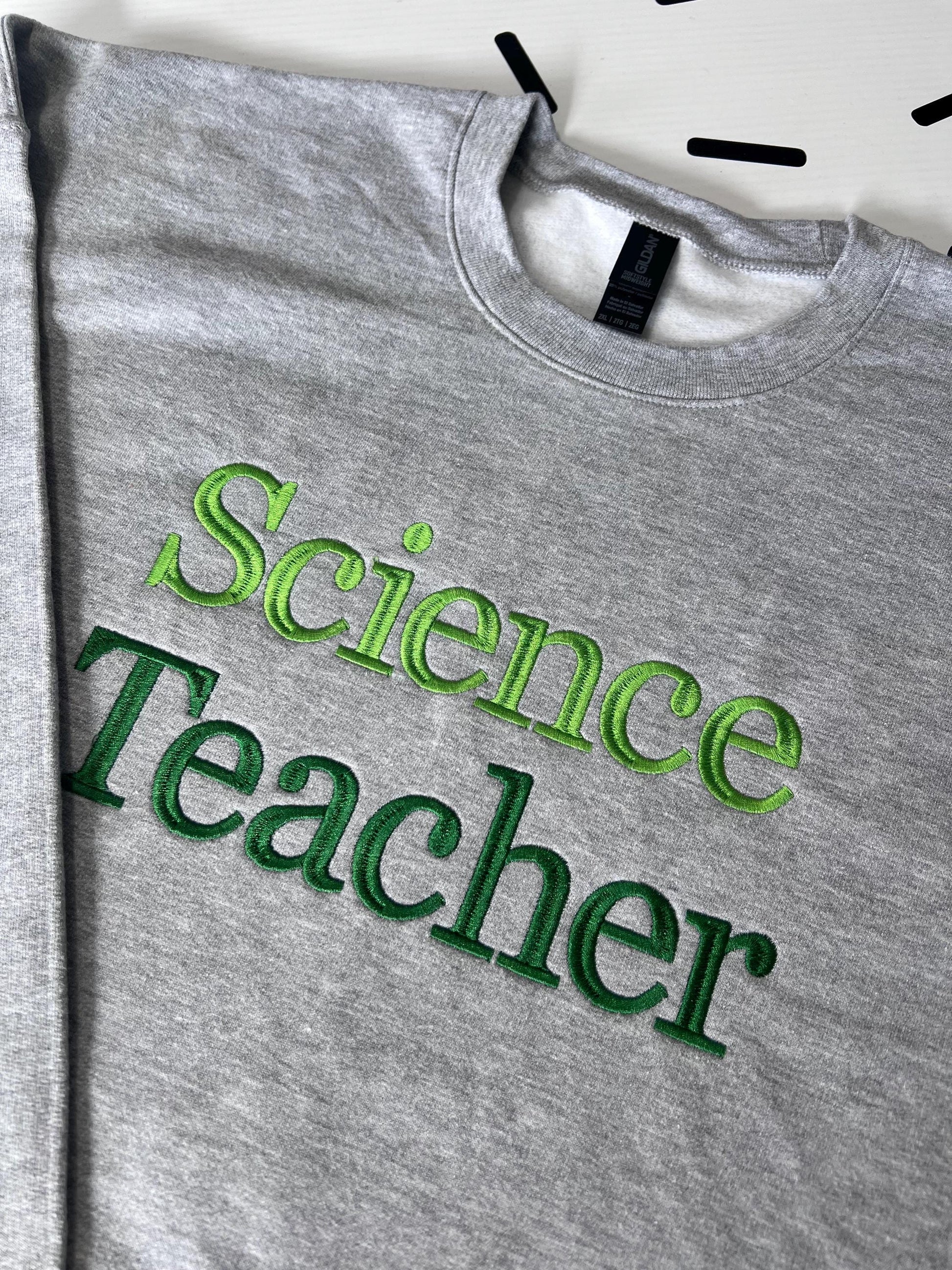 Custom Embroidered Teacher Subject Sweatshirt: Personalized Crewneck by Lina Loves Two, handmade in Los Angeles CA