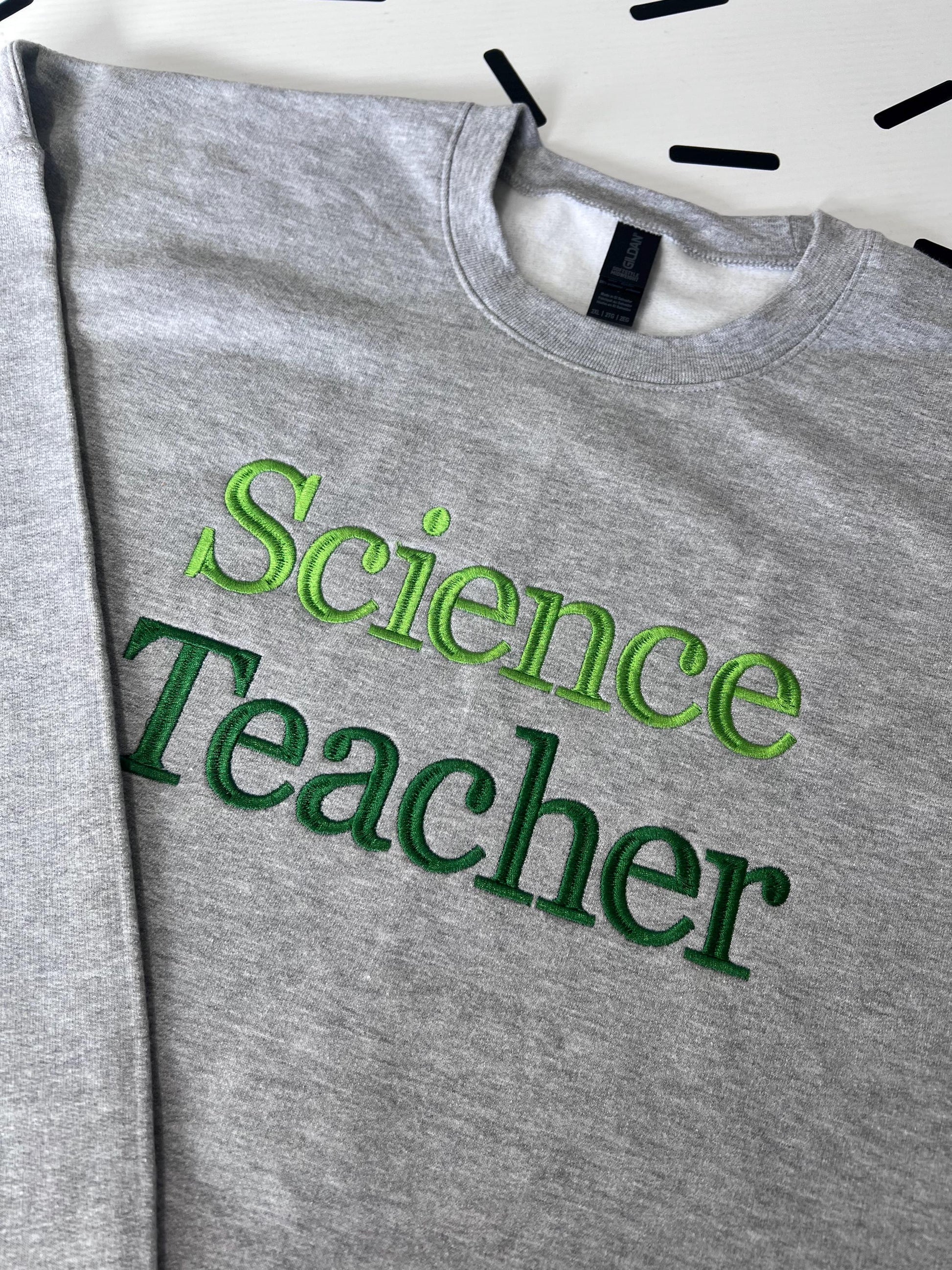 Custom Embroidered Teacher Subject Sweatshirt: Personalized Crewneck by Lina Loves Two, handmade in Los Angeles CA