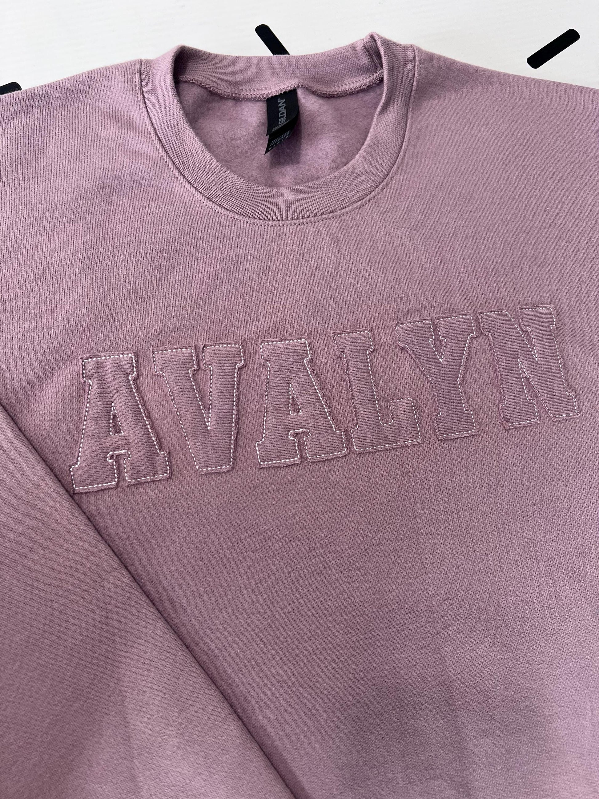 Custom Embroidered Appliqué Crewneck: Personalized Varsity Sweatshirt by Lina Loves Two, handmade in Los Angeles CA