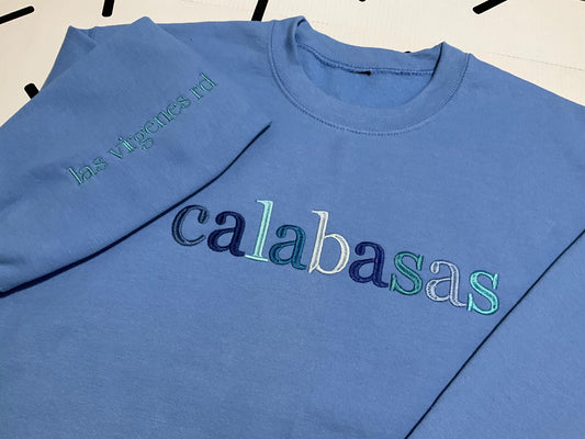 Custom City Embroidered Sweatshirt: Minimalist Travel Crewneck by Lina Loves Two, handmade in Los Angeles CA