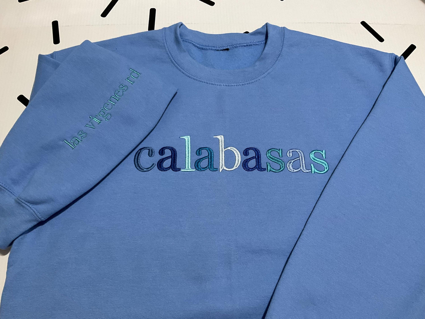 Custom City Embroidered Sweatshirt: Minimalist Travel Crewneck by Lina Loves Two, handmade in Los Angeles CA