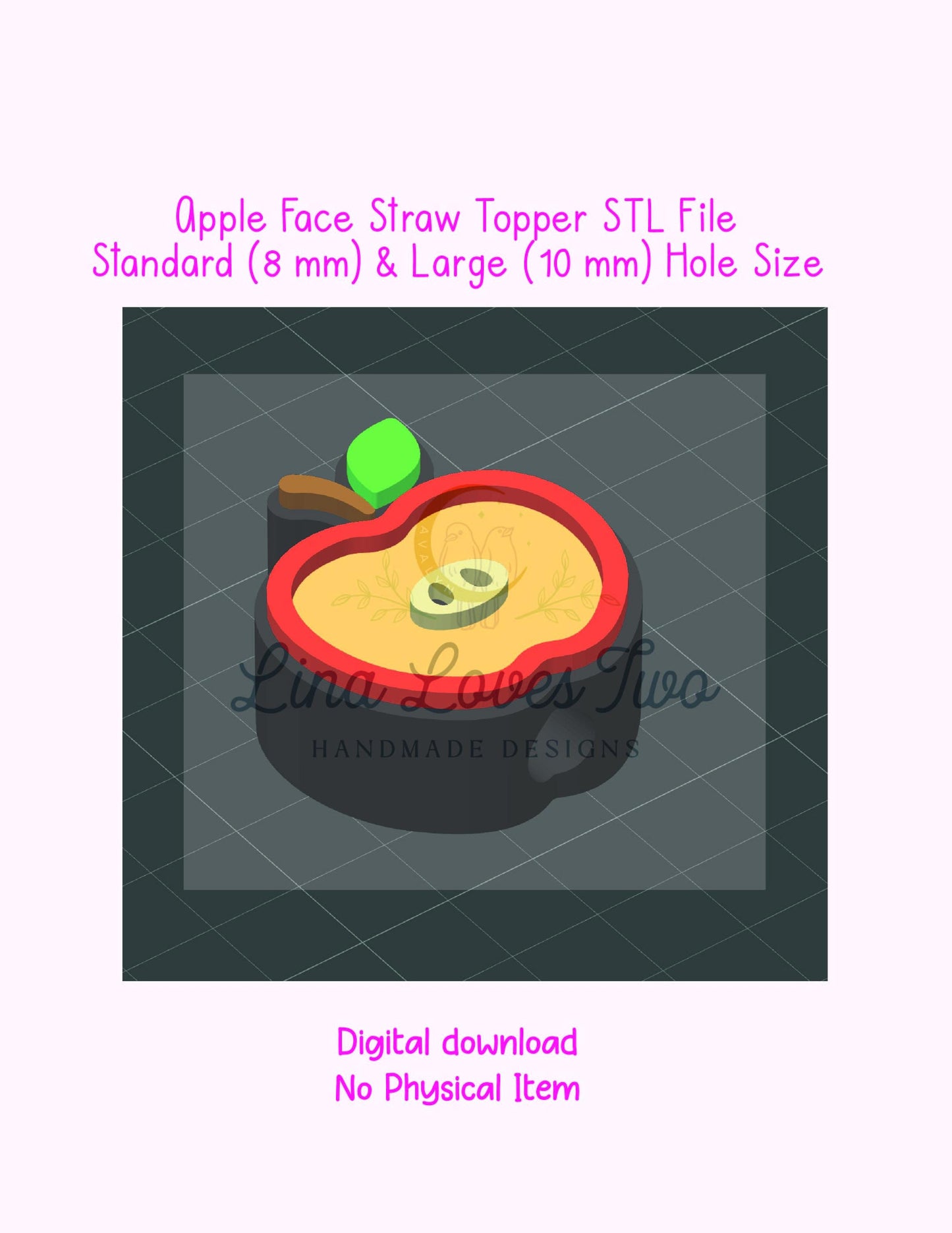 3D Apple Face Straw Topper File | Straw Topper | Apple Face Straw Topper | Apple Face Topper by Lina Loves Two, handmade in Los Angeles CA