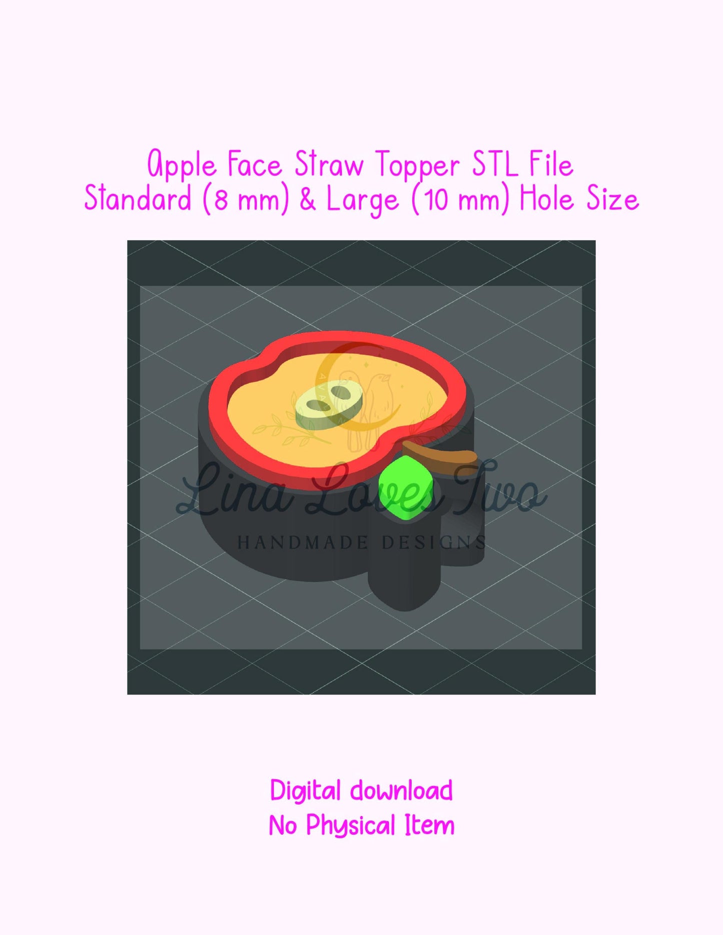 3D Apple Face Straw Topper File | Straw Topper | Apple Face Straw Topper | Apple Face Topper by Lina Loves Two, handmade in Los Angeles CA