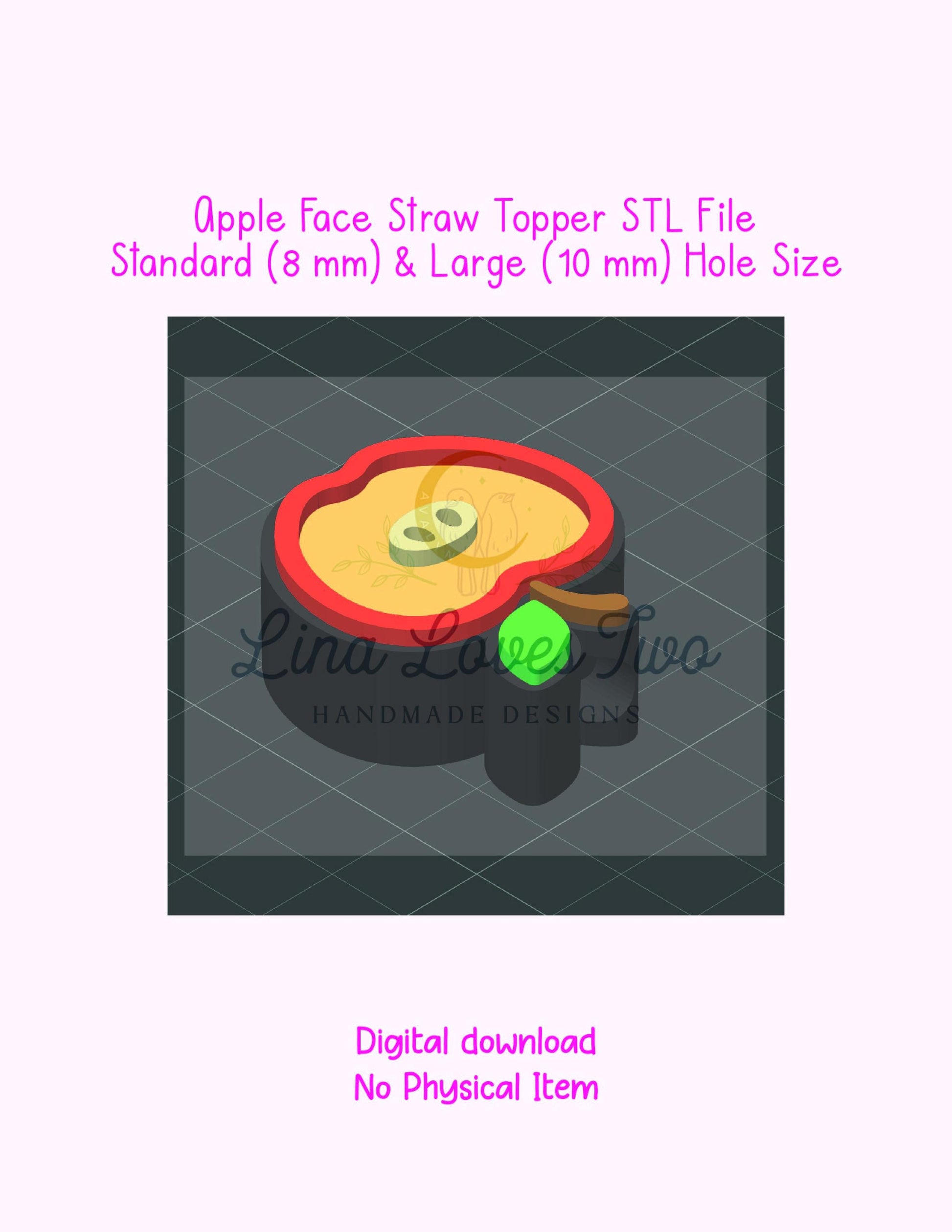 3D Apple Face Straw Topper File | Straw Topper | Apple Face Straw Topper | Apple Face Topper by Lina Loves Two, handmade in Los Angeles CA