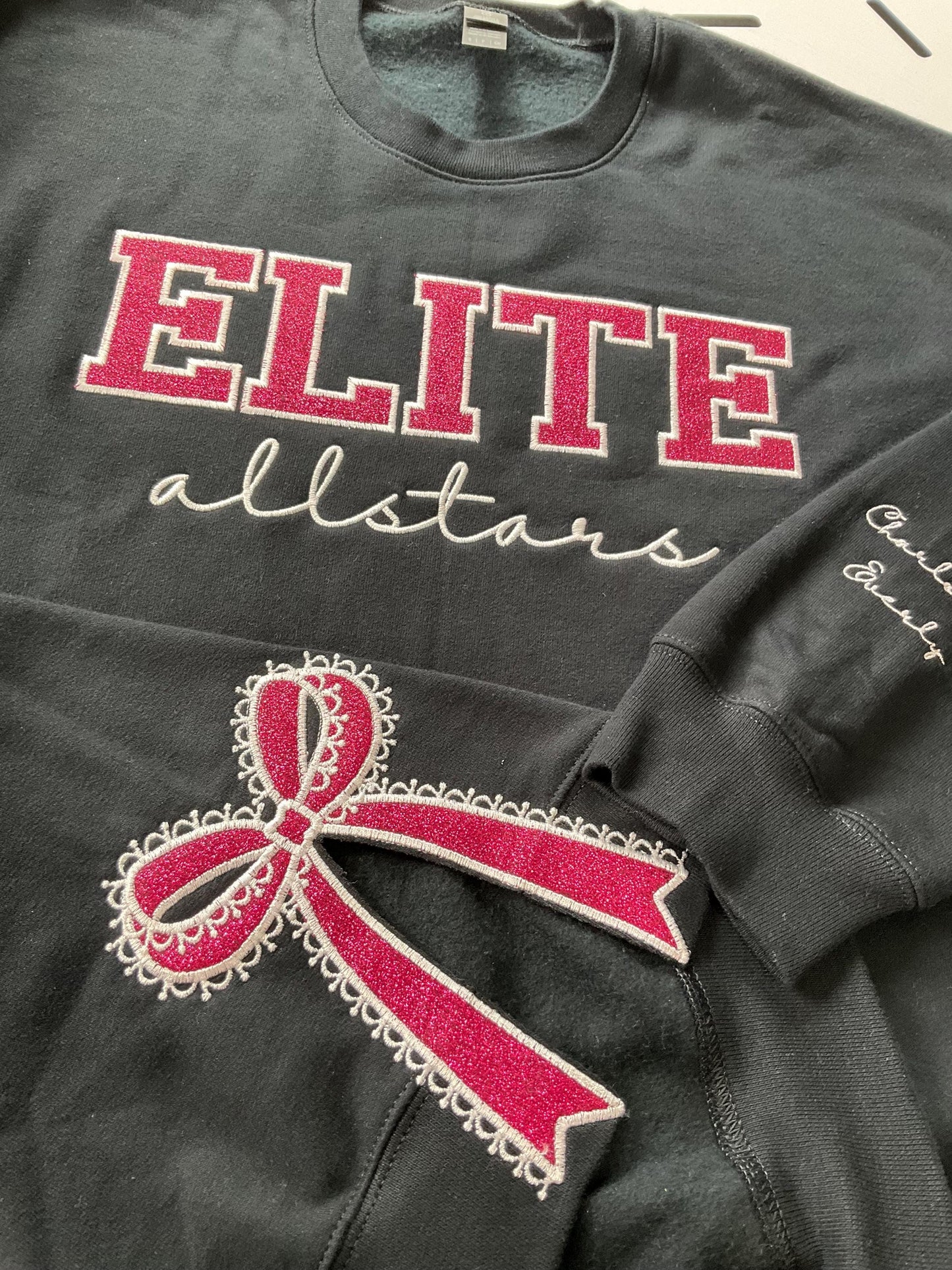 Custom Embroidered Appliqué Sweatshirt: Lace Side Bow Design by Lina Loves Two, handmade in Los Angeles CA