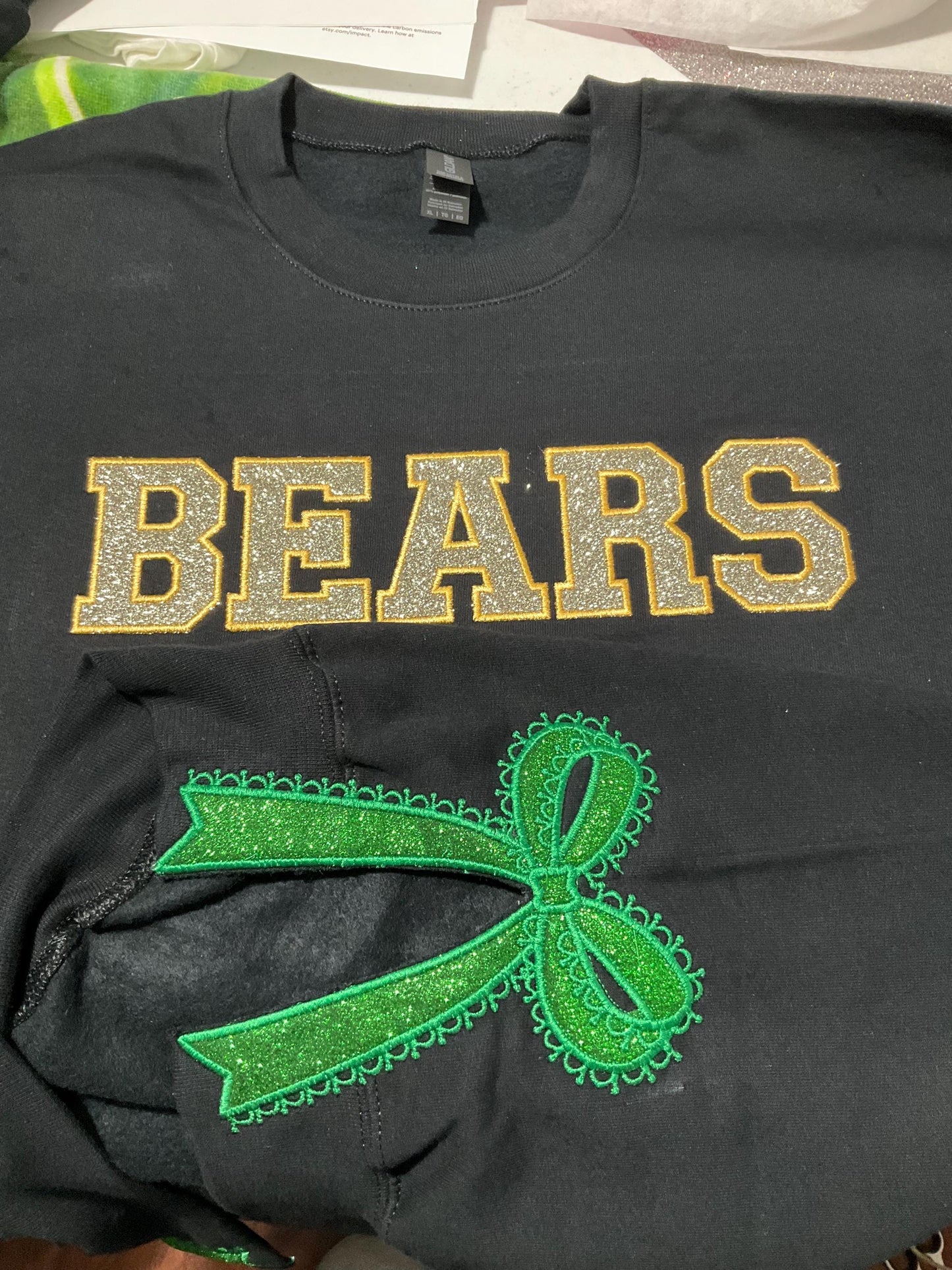 Custom Embroidered Appliqué Sweatshirt: Lace Side Bow Design by Lina Loves Two, handmade in Los Angeles CA