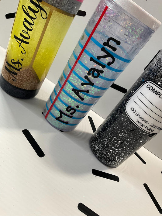 Acrylic Snow Globe Glitter Teacher Tumbler 18 oz (You Pick) | Lined Paper Tumbler | Composition Notebook Tumbler | Yellow Pencil Tumbler