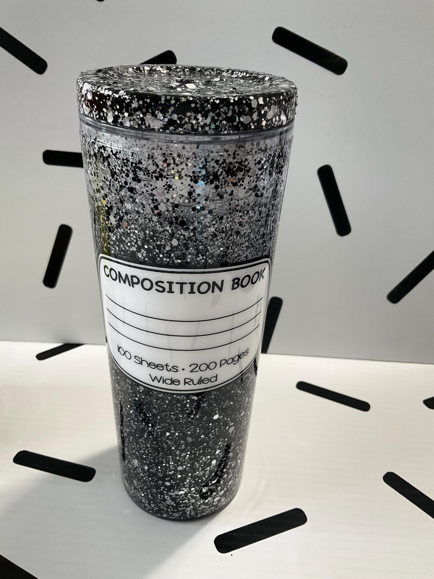 Glitter Snow Globe Teacher Tumbler 18 oz: Pencil, Lined Paper, Composition Notebook by Lina Loves Two, handmade in Los Angeles CA