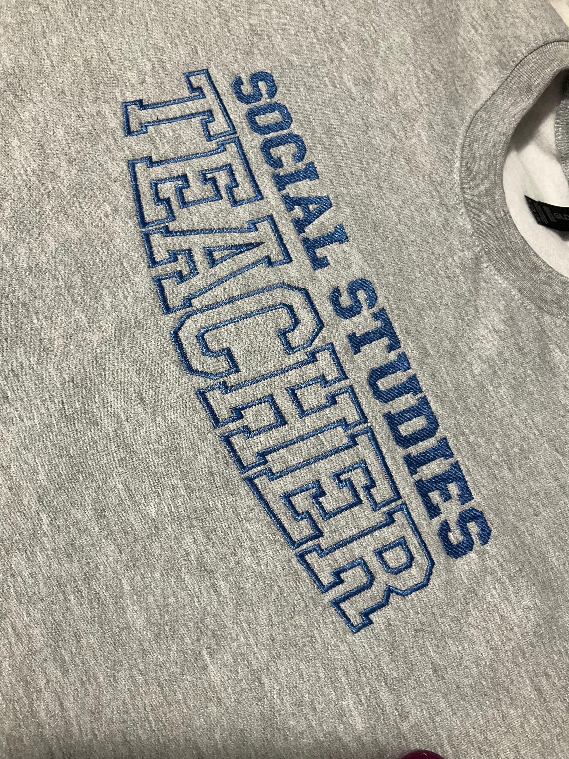 Custom Embroidered Teacher Sweatshirt: Personalized Subject Crewneck by Lina Loves Two, handmade in Los Angeles CA