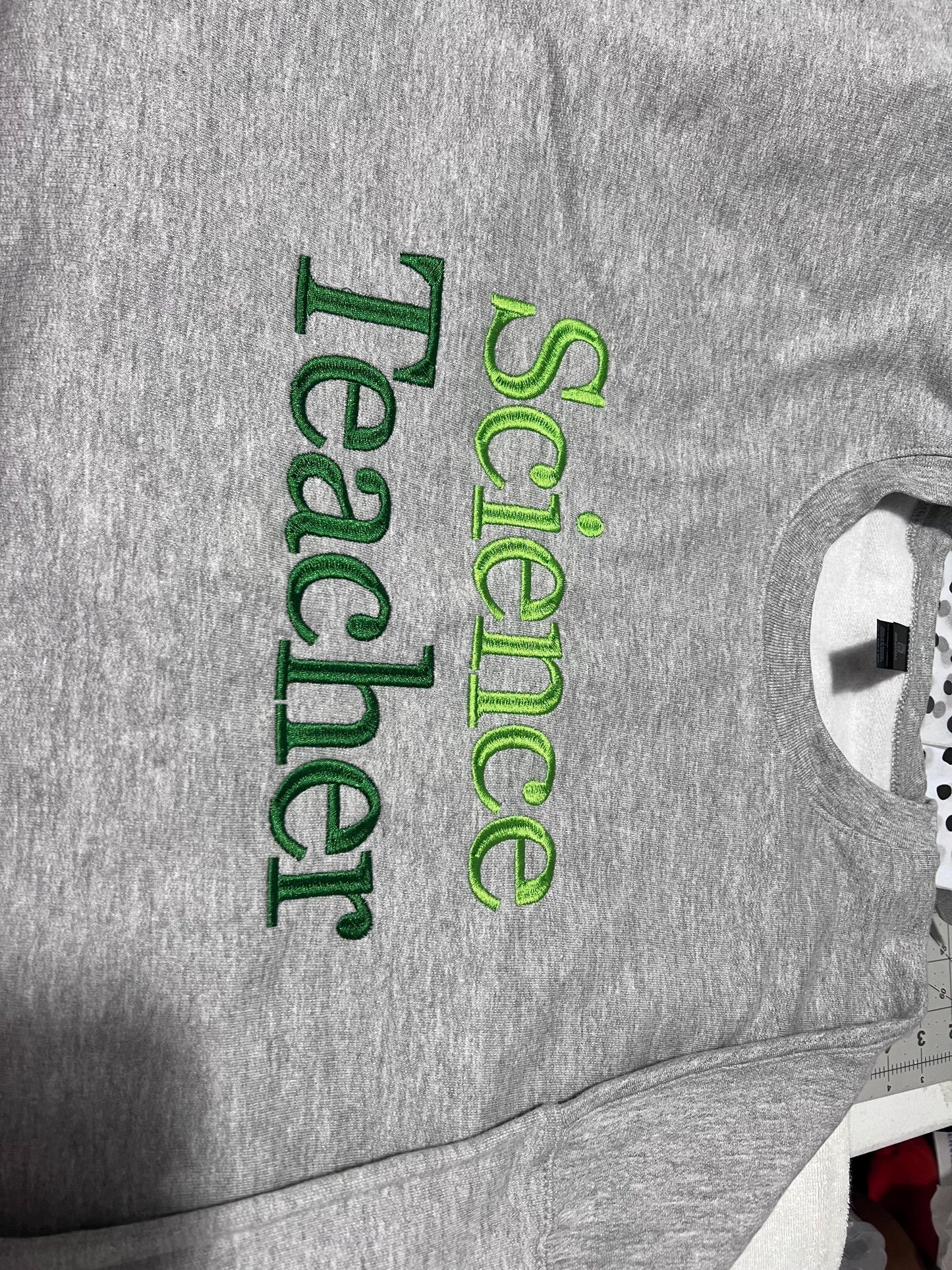 Custom Embroidered Teacher Subject Sweatshirt: Personalized Crewneck by Lina Loves Two, handmade in Los Angeles CA