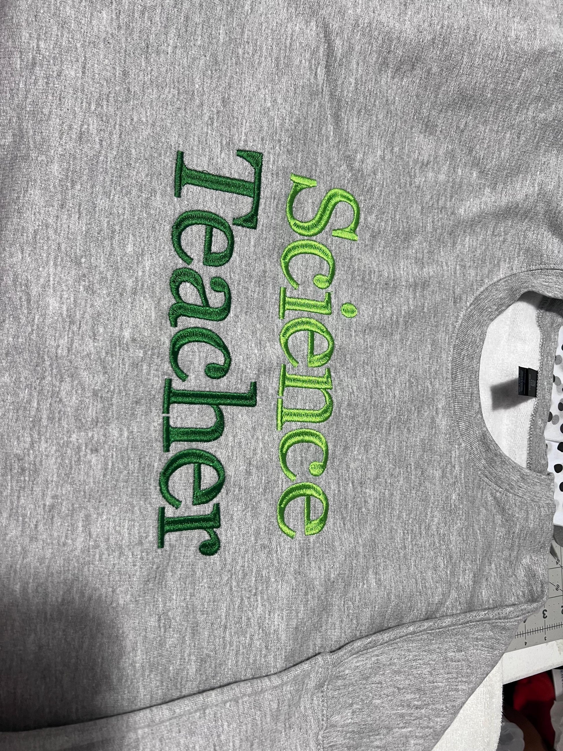 Custom Embroidered Teacher Subject Sweatshirt: Personalized Crewneck by Lina Loves Two, handmade in Los Angeles CA