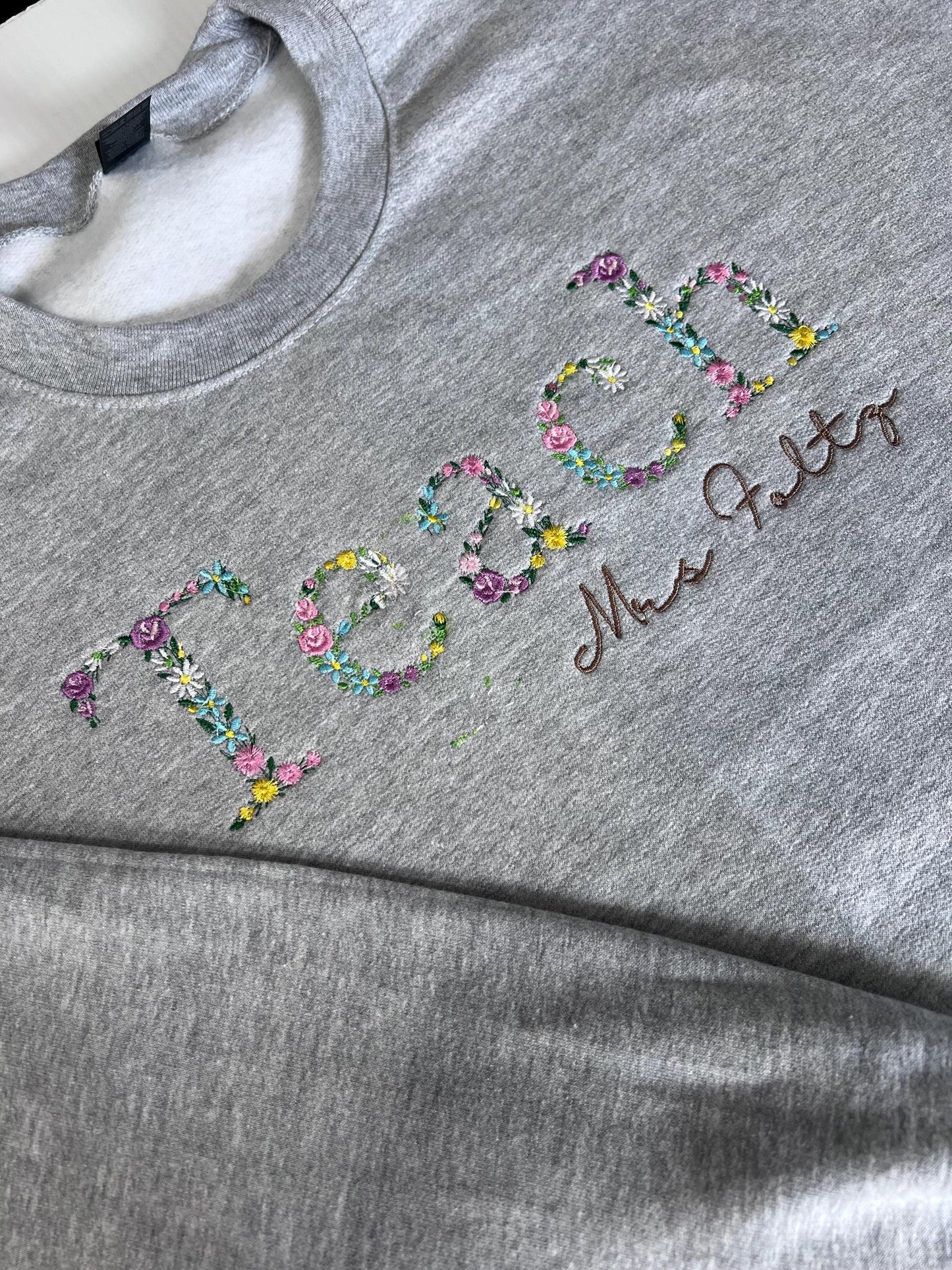Teach Embroidered Floral Sweatshirt | Personalized Name Teacher Hoodie | New Teacher Gift | Teacher Appreciation | Custom Teach Sweatshirt by Lina Loves Two, handmade in Los Angeles CA