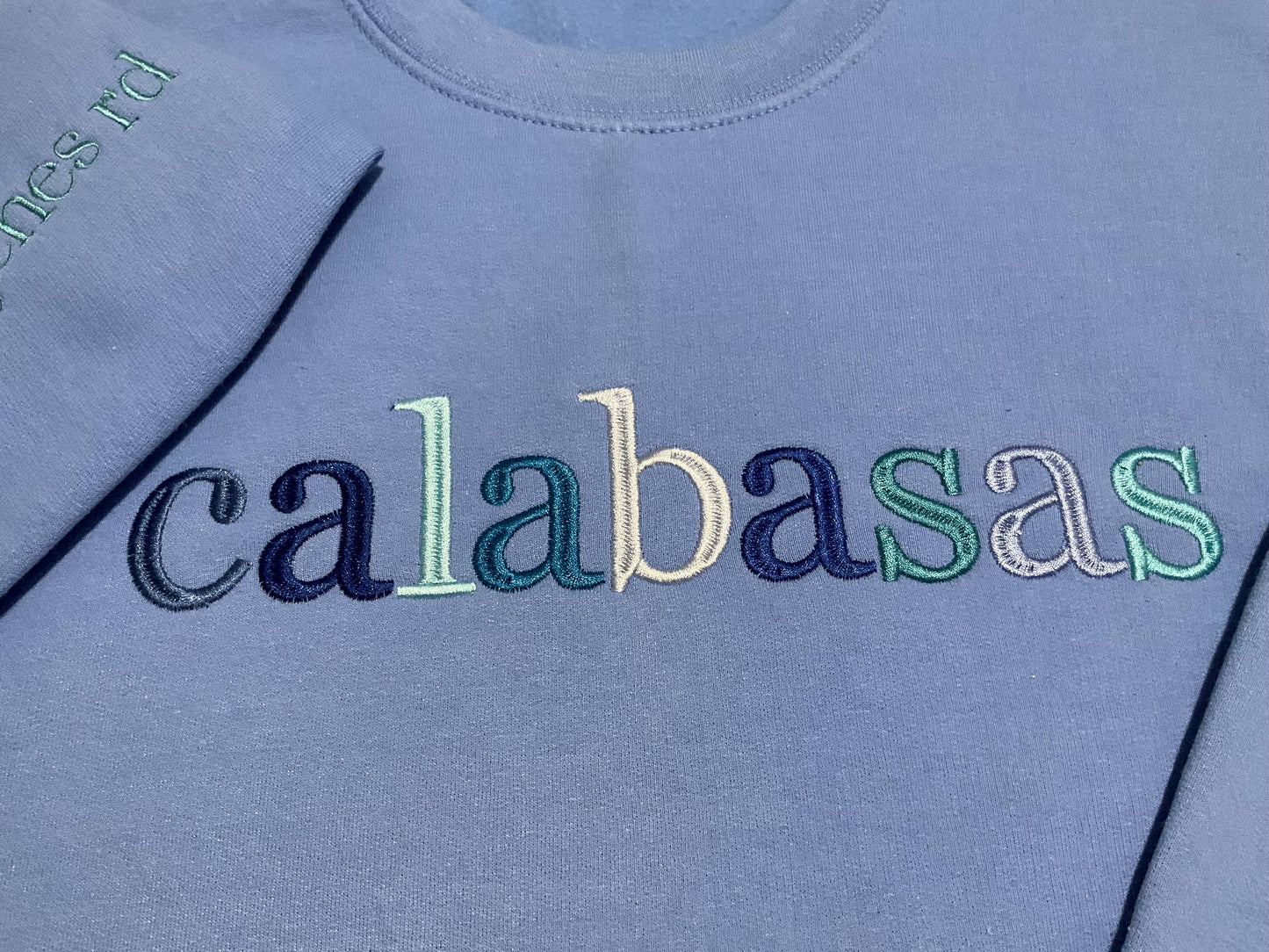 Custom City Embroidered Sweatshirt: Minimalist Travel Crewneck by Lina Loves Two, handmade in Los Angeles CA