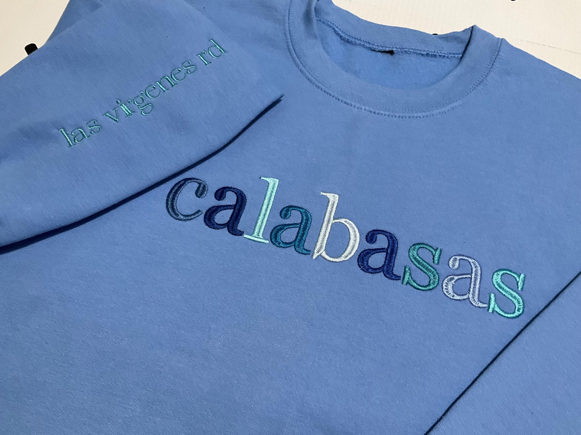 Custom City Embroidered Sweatshirt: Minimalist Travel Crewneck by Lina Loves Two, handmade in Los Angeles CA