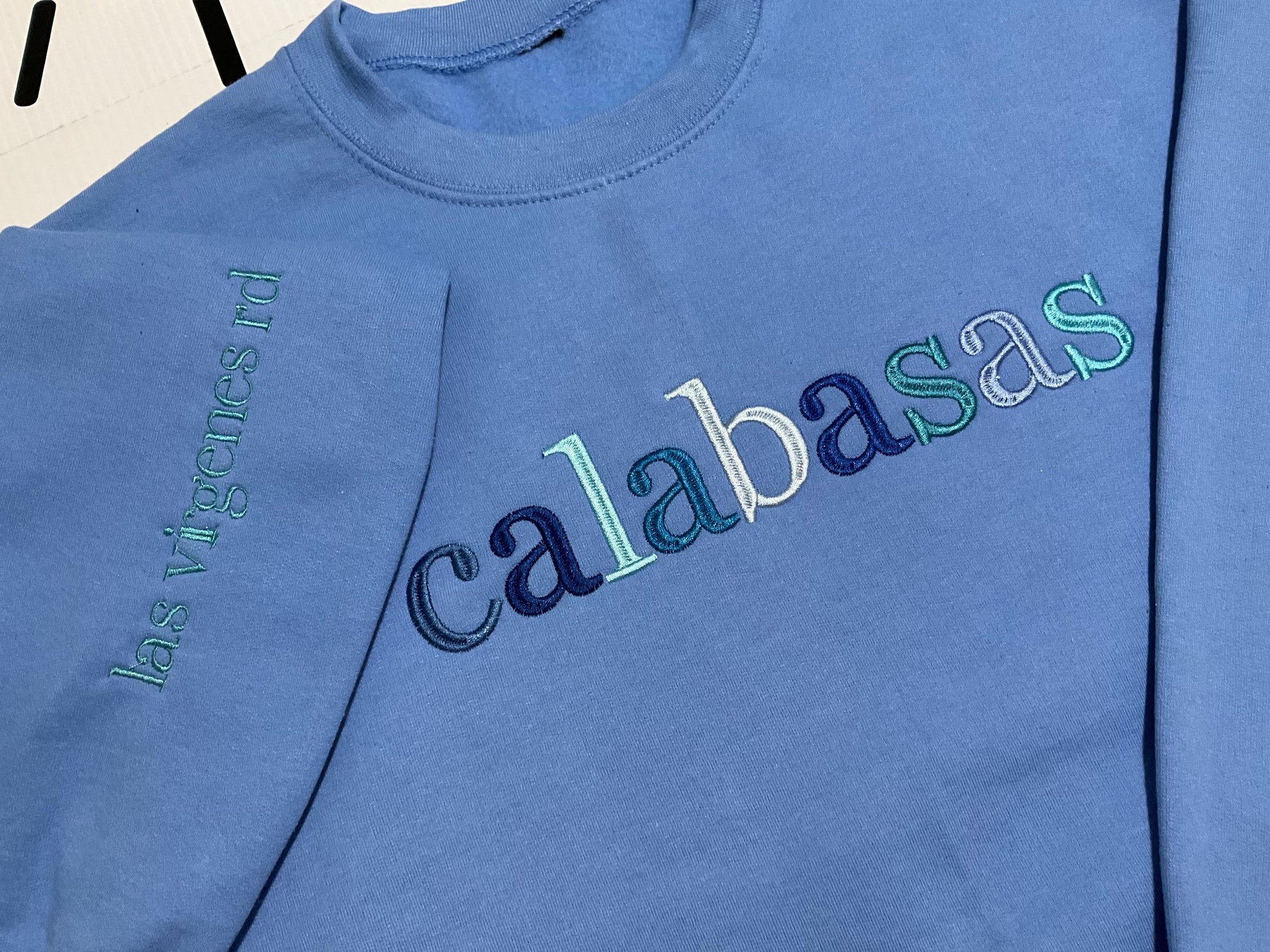 Custom City Embroidered Sweatshirt: Minimalist Travel Crewneck by Lina Loves Two, handmade in Los Angeles CA