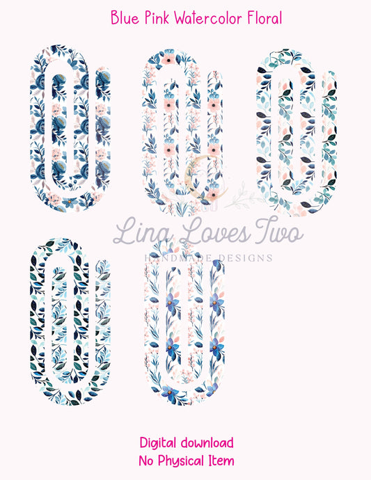 Blue & Pink Floral Watercolor Jumbo Paperclip PNG – Feminine Sublimation PNG | Soft Pastel Floral Digital Design | PNG Digital Download