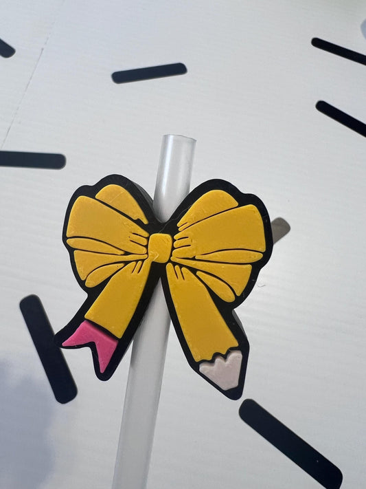 Pencil Bow Straw Topper | Teacher Gift Cup Accessory | Back to School Tumbler Charm | Cute Classroom Straw Decor | Reusable Drink Topper