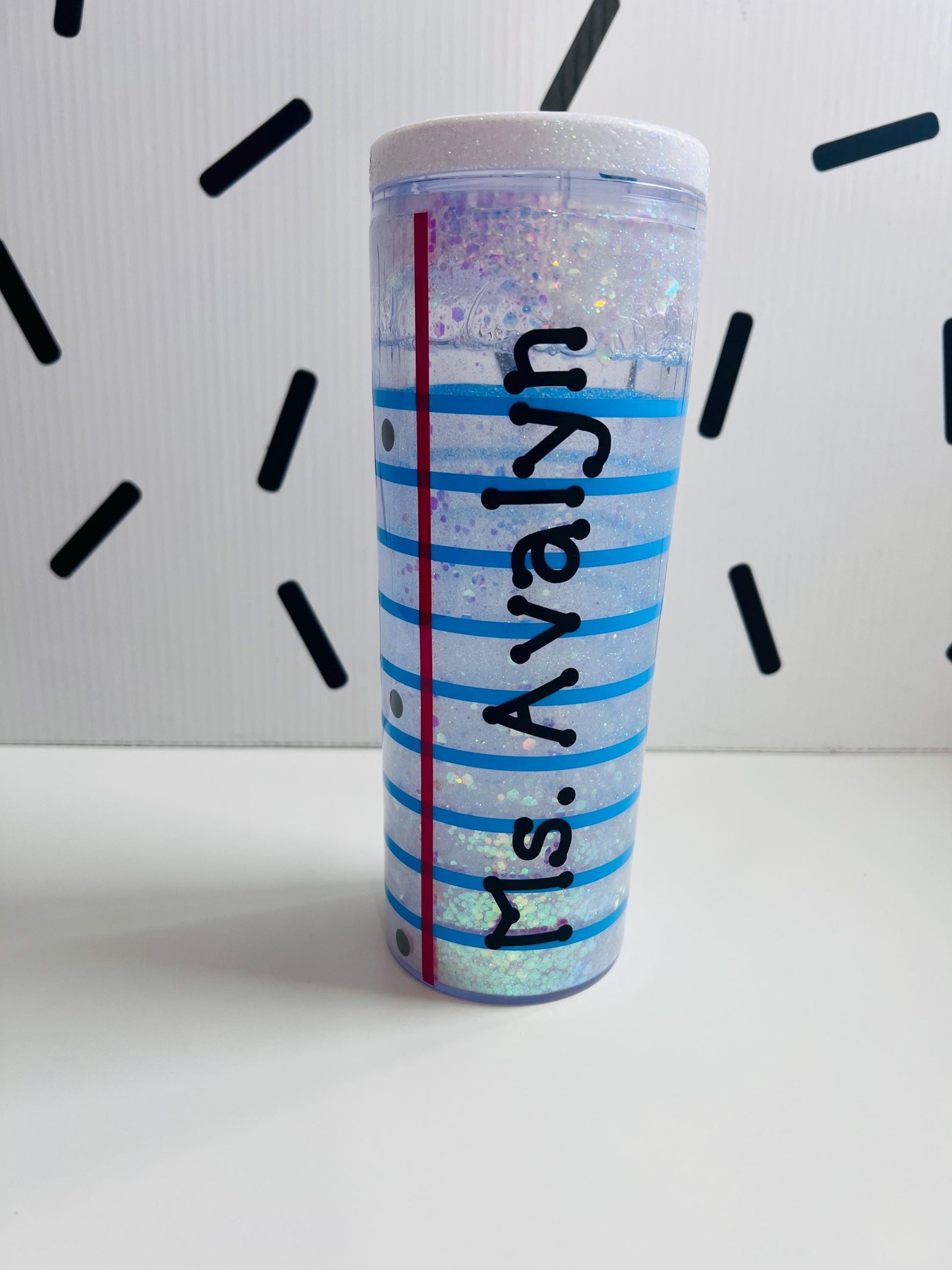 Glitter Snow Globe Teacher Tumbler 18 oz: Pencil, Lined Paper, Composition Notebook by Lina Loves Two, handmade in Los Angeles CA