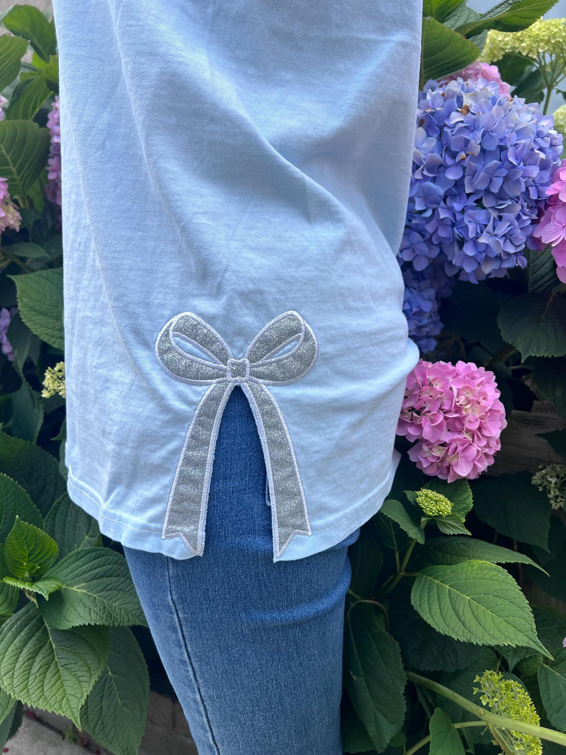 Embroidered Glitter Bow Tank Top: Comfort Colors Loose Fit Shirt by Lina Loves Two, handmade in Los Angeles CA