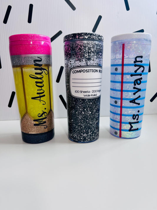 Acrylic Snow Globe Glitter Teacher Tumbler 18 oz (You Pick) | Lined Paper Tumbler | Composition Notebook Tumbler | Yellow Pencil Tumbler