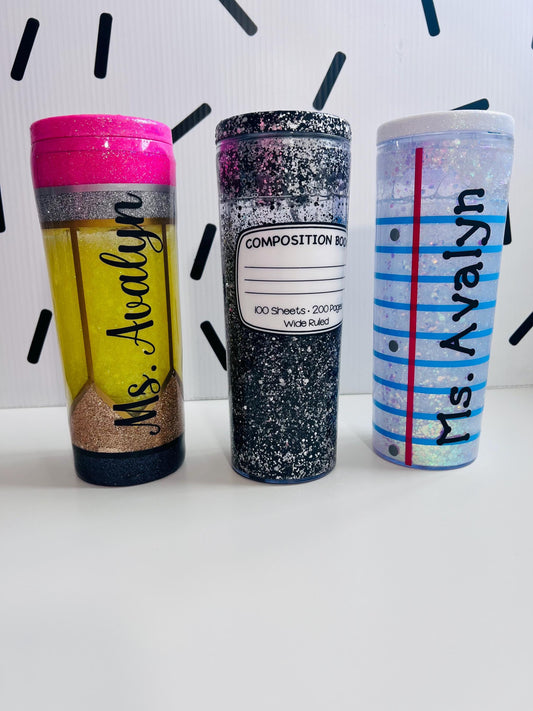 Glitter Snow Globe Teacher Tumbler 18 oz: Pencil, Lined Paper, Composition Notebook