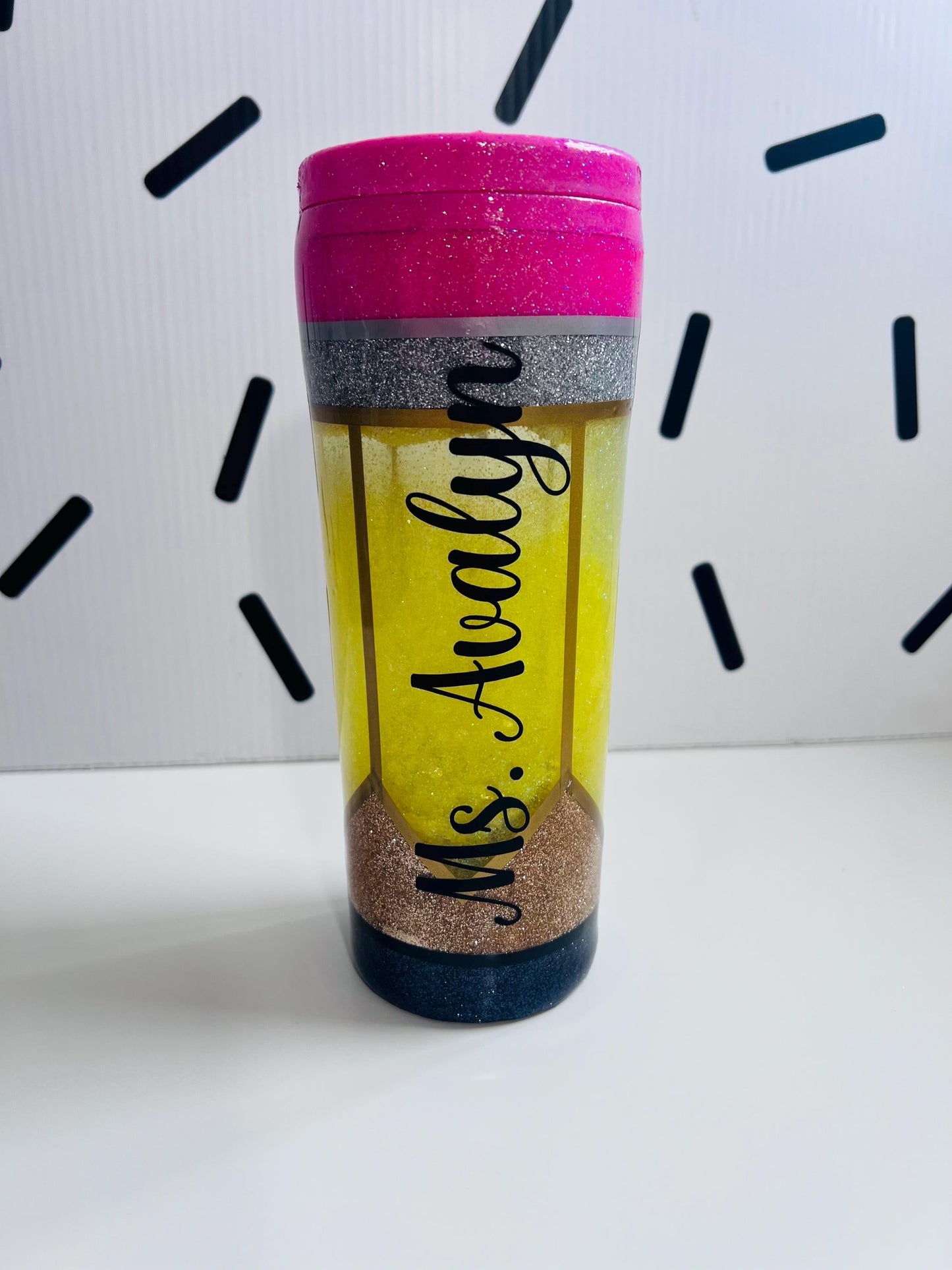 Glitter Snow Globe Teacher Tumbler 18 oz: Pencil, Lined Paper, Composition Notebook by Lina Loves Two, handmade in Los Angeles CA