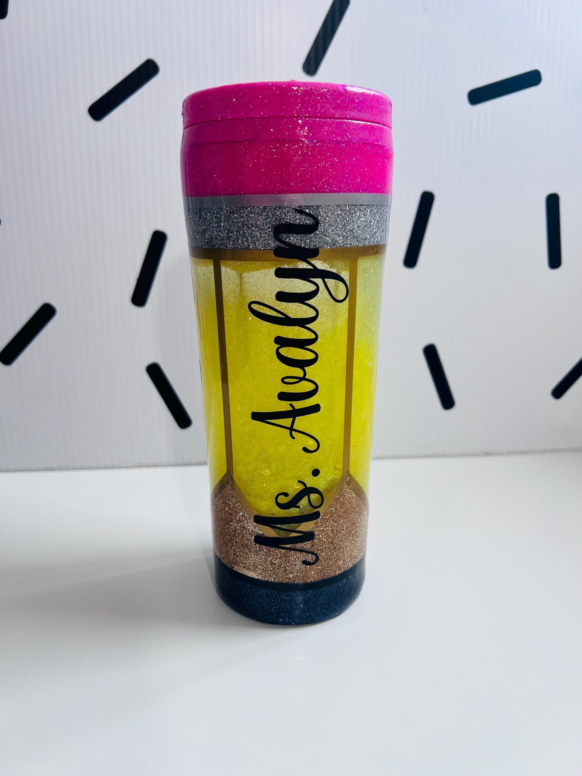 Glitter Snow Globe Teacher Tumbler 18 oz: Pencil, Lined Paper, Composition Notebook by Lina Loves Two, handmade in Los Angeles CA