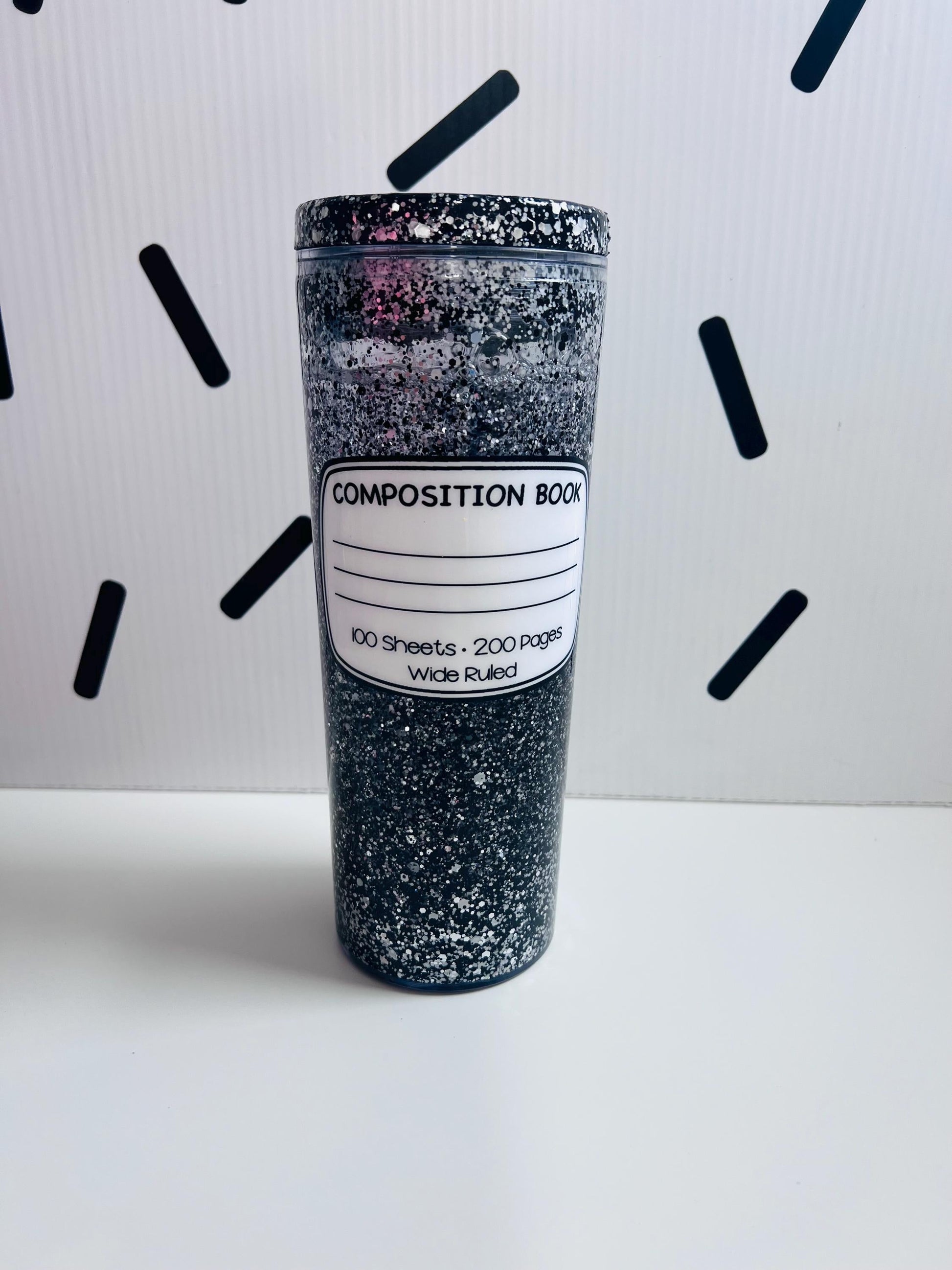 Glitter Snow Globe Teacher Tumbler 18 oz: Pencil, Lined Paper, Composition Notebook by Lina Loves Two, handmade in Los Angeles CA