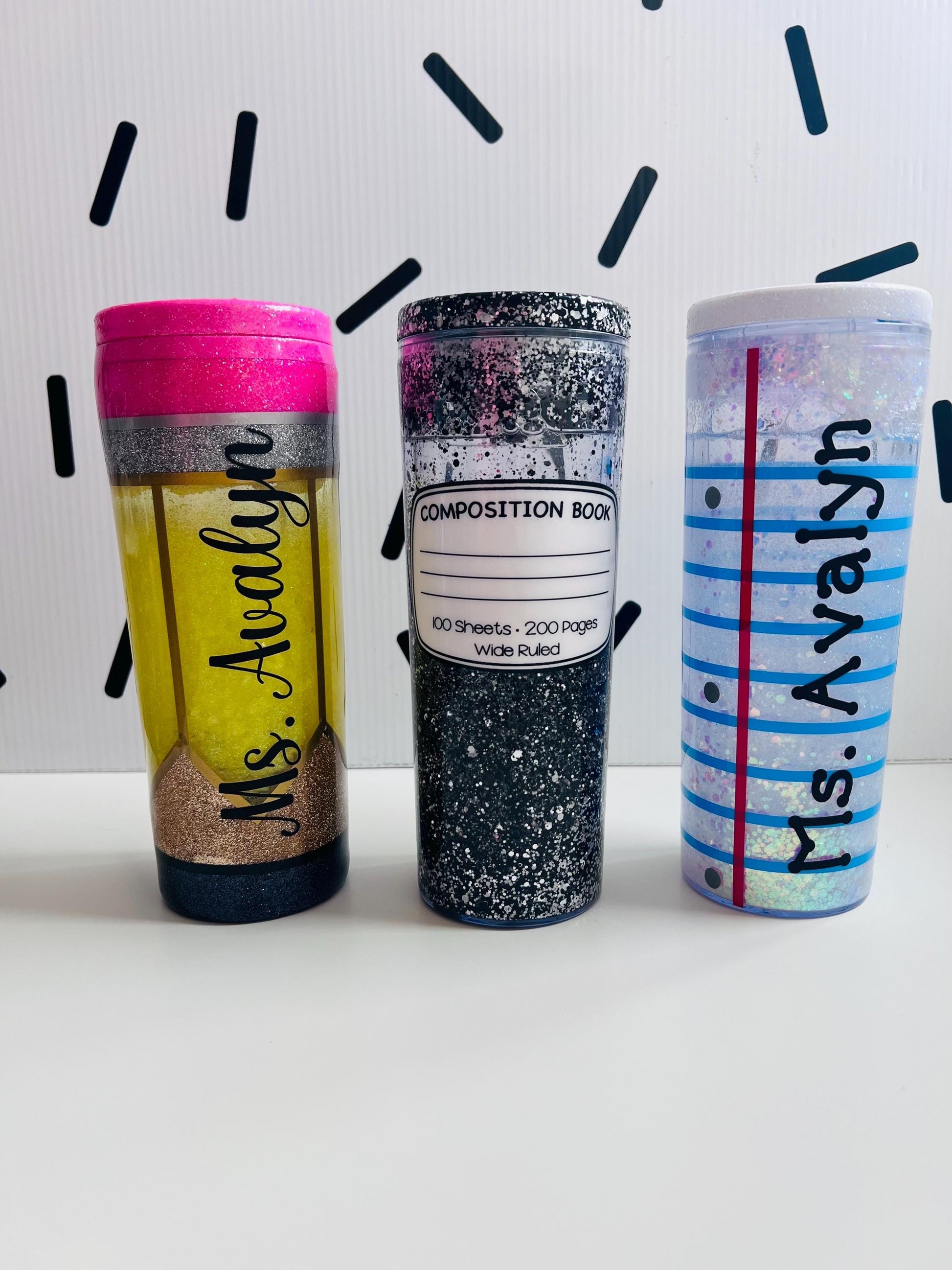 Glitter Snow Globe Teacher Tumbler 18 oz: Pencil, Lined Paper, Composition Notebook by Lina Loves Two, handmade in Los Angeles CA