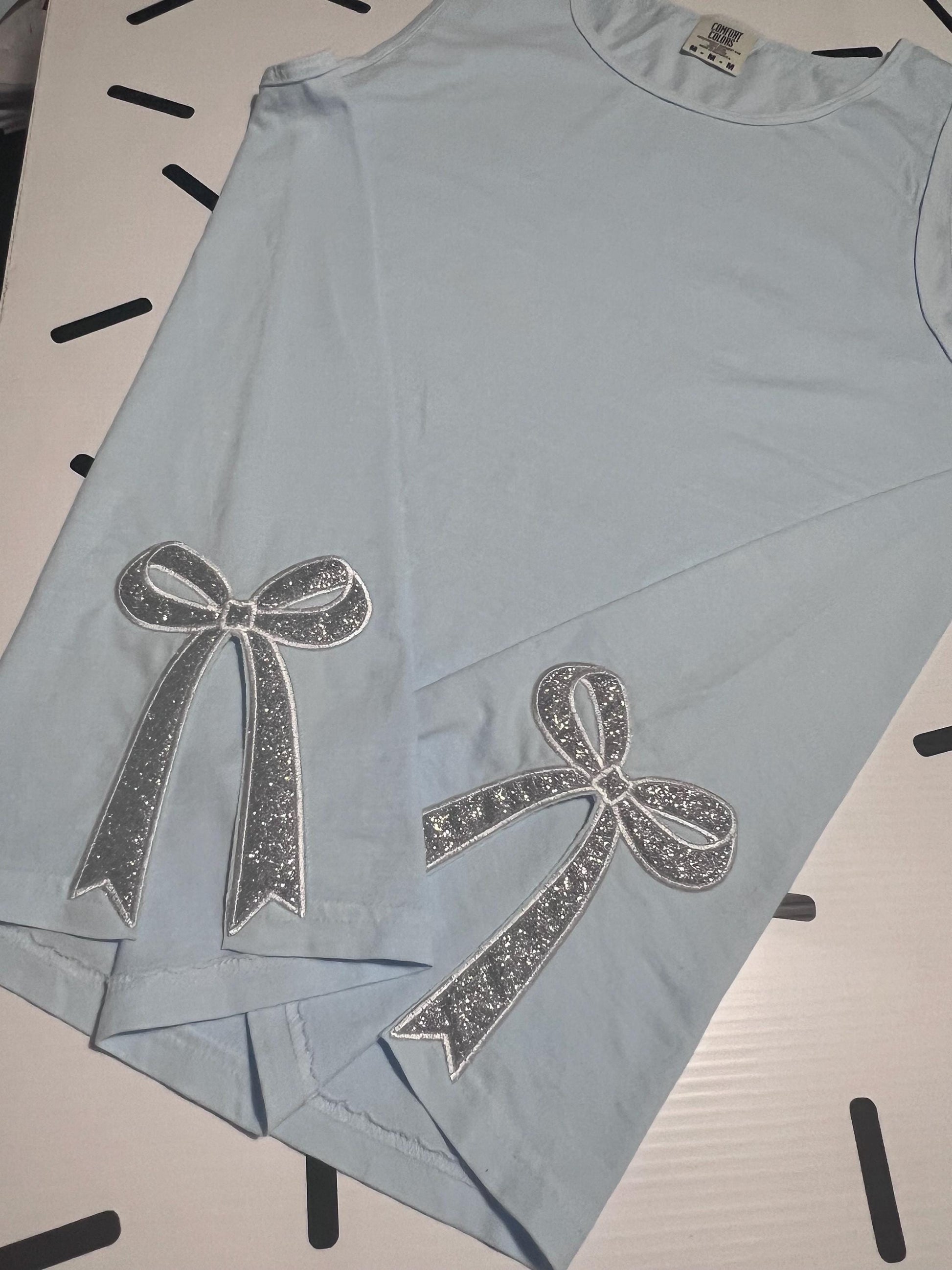 Embroidered Glitter Bow Tank Top: Comfort Colors Loose Fit Shirt by Lina Loves Two, handmade in Los Angeles CA