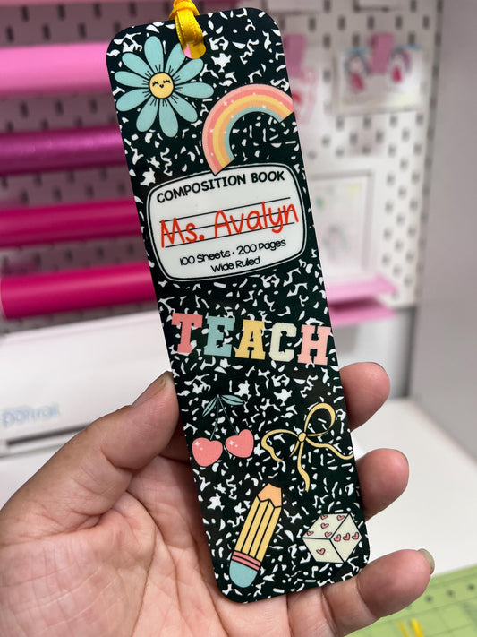 Personalized Composition Doodle Bookmark – Custom Name Bookmark for Teachers, Students & Book Lovers by Lina Loves Two, handmade in Los Angeles CA