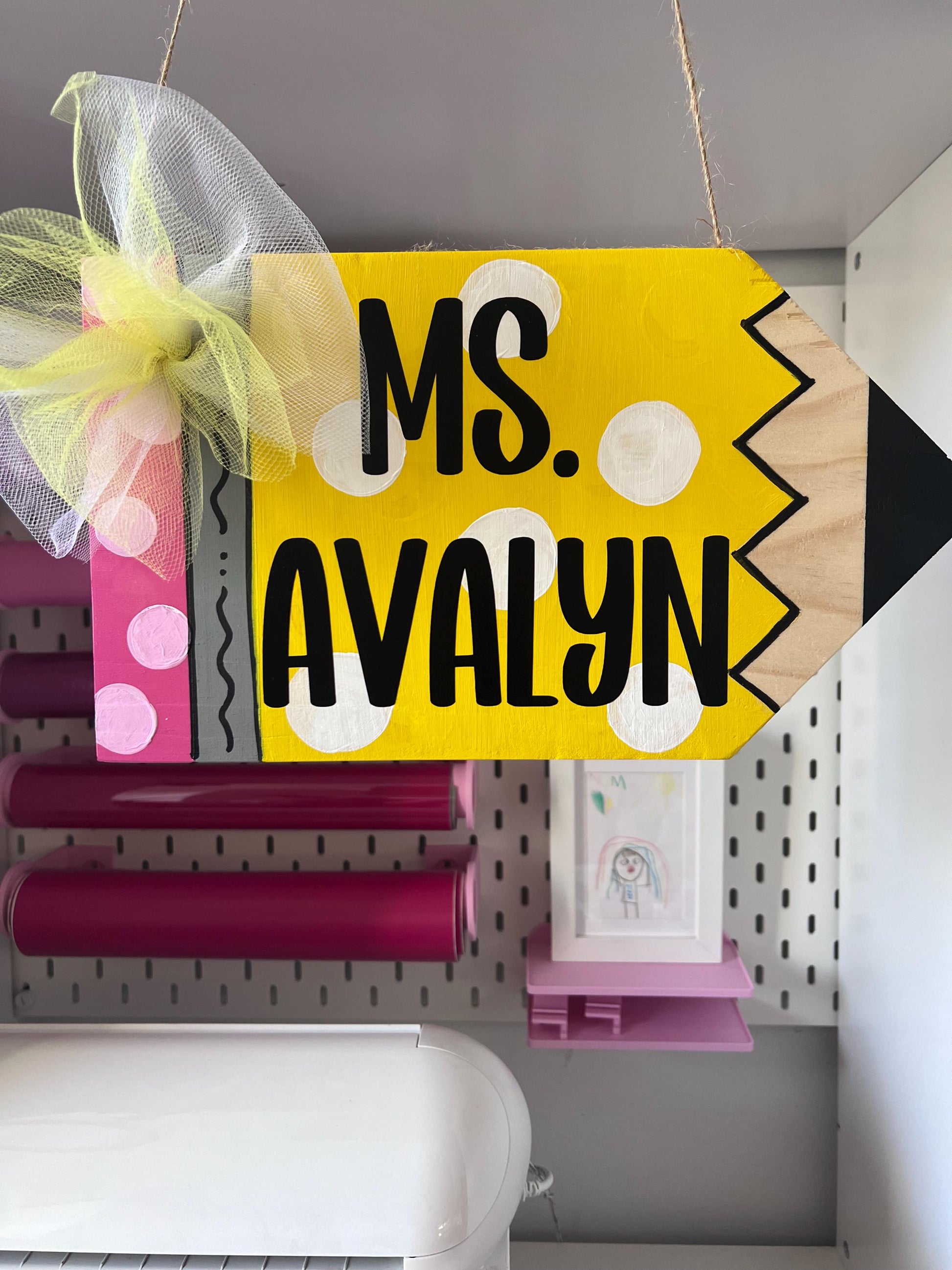 “Personalized pencil teacher door hanger with bow”

“Whimsical classroom door sign with polka dots”

“Custom teacher name wood pencil sign for school”