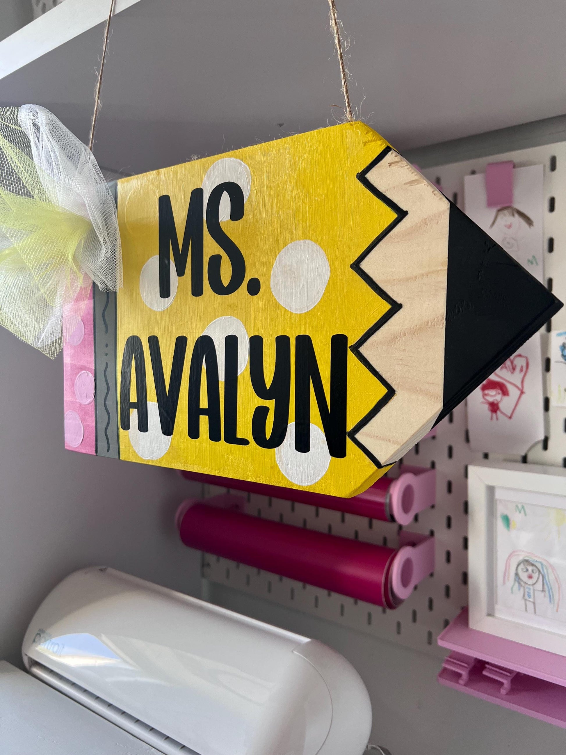 “Personalized pencil teacher door hanger with bow”

“Whimsical classroom door sign with polka dots”

“Custom teacher name wood pencil sign for school”