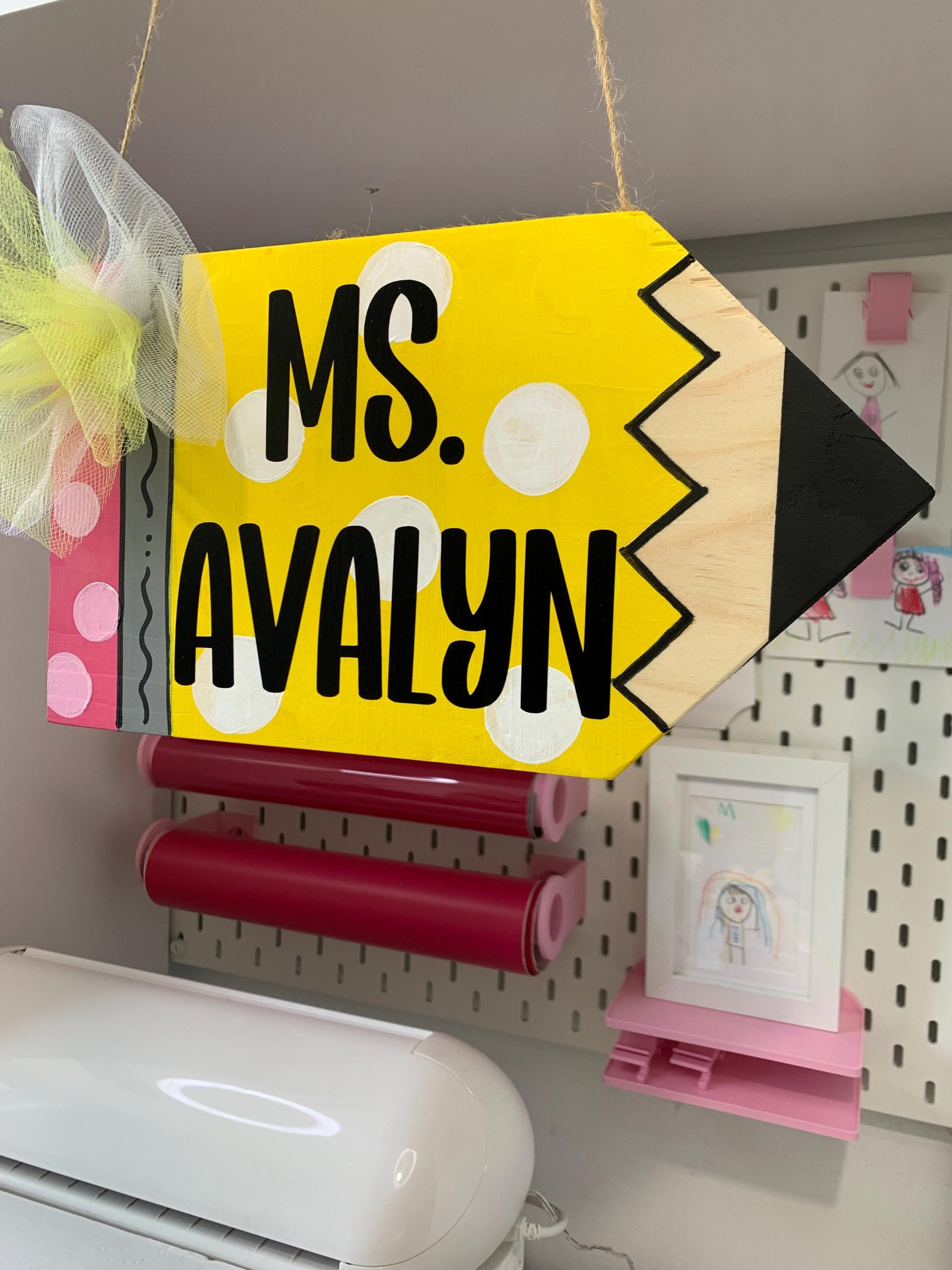 “Personalized pencil teacher door hanger with bow”

“Whimsical classroom door sign with polka dots”

“Custom teacher name wood pencil sign for school”