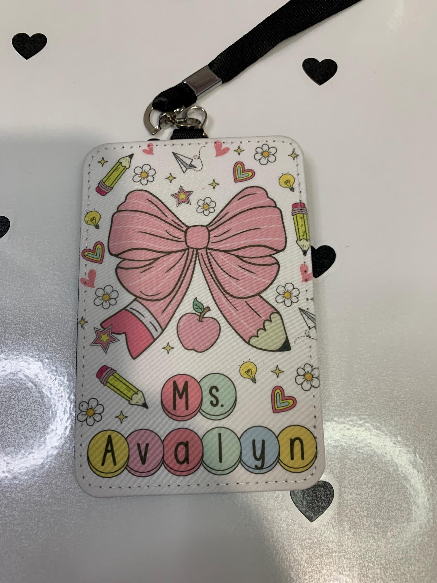 Personalized Pencil ID Badge Holder: Coquette Bow Teacher Lanyard by Lina Loves Two, handmade in Los Angeles CA