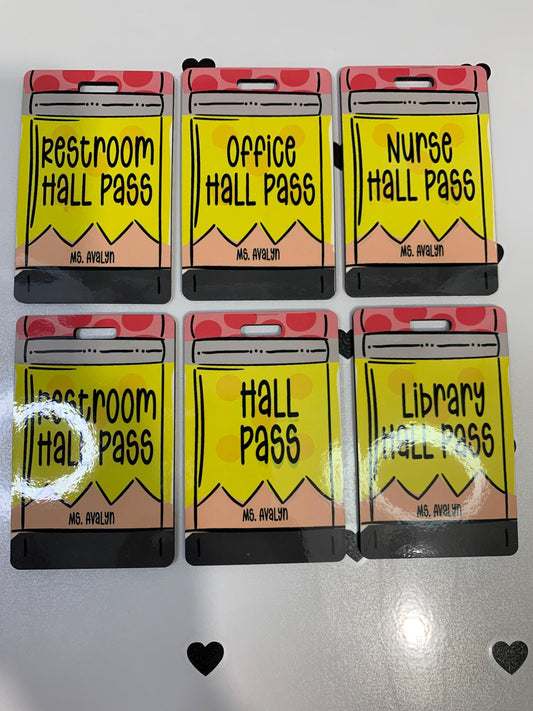“Personalized double-sided pencil hall pass with lanyard”

“6-pack teacher classroom hall pass set with custom name”

“Back to school whimsical pencil-themed pass set”