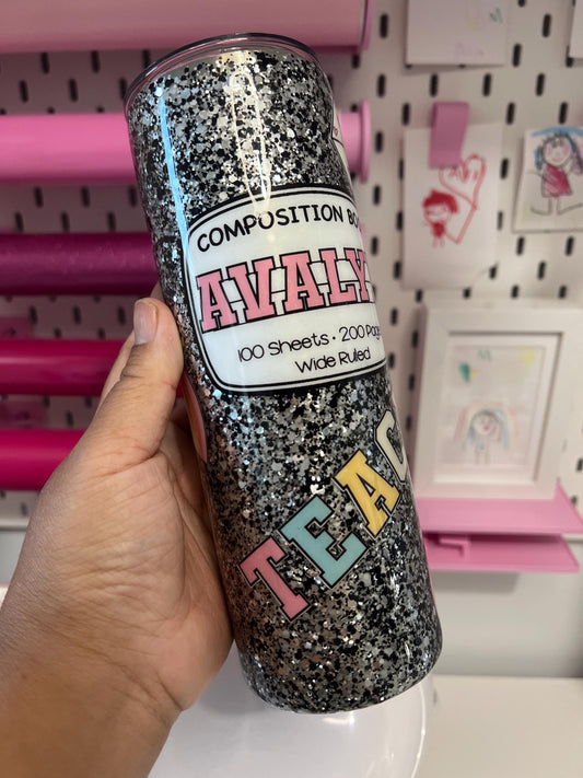 20oz Stainless Steel Glitter Composition Doodle Custom Tumbler with Straw Topper – Personalized Teacher Gift