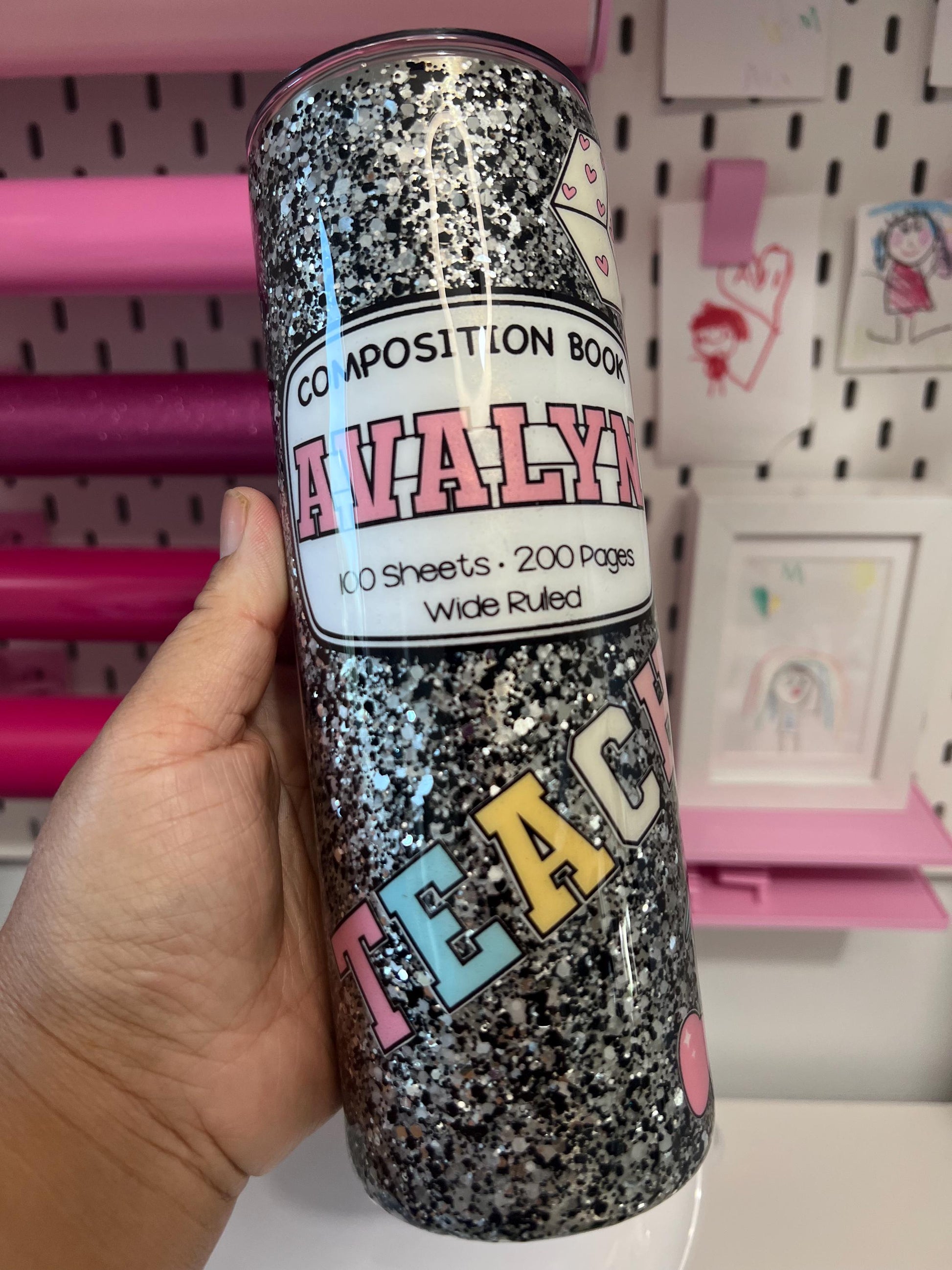 20oz Stainless Steel Glitter Composition Doodle Custom Tumbler with Straw Topper – Personalized Teacher Gift