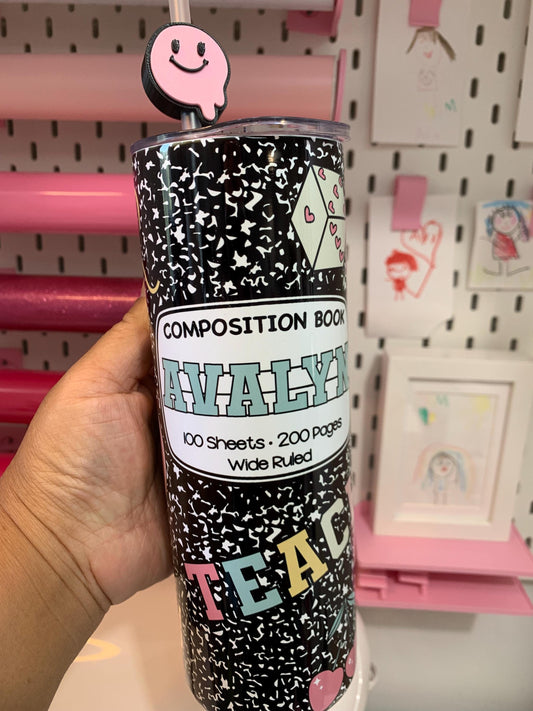 20oz Stainless Steel Composition Doodle Custom Tumbler with Straw Topper – Personalized Teacher Gift