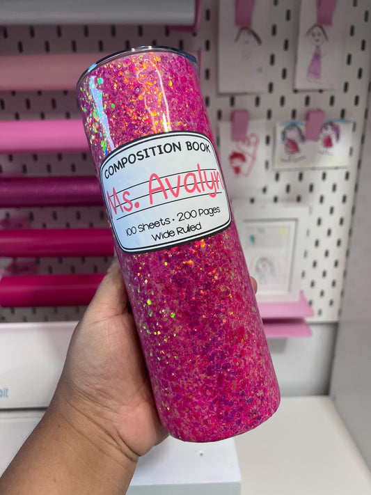 20oz Stainless Steel Glitter Pink Composition Notebook Custom Tumbler – Personalized Teacher or Student Gift by Lina Loves Two, handmade in Los Angeles CA
