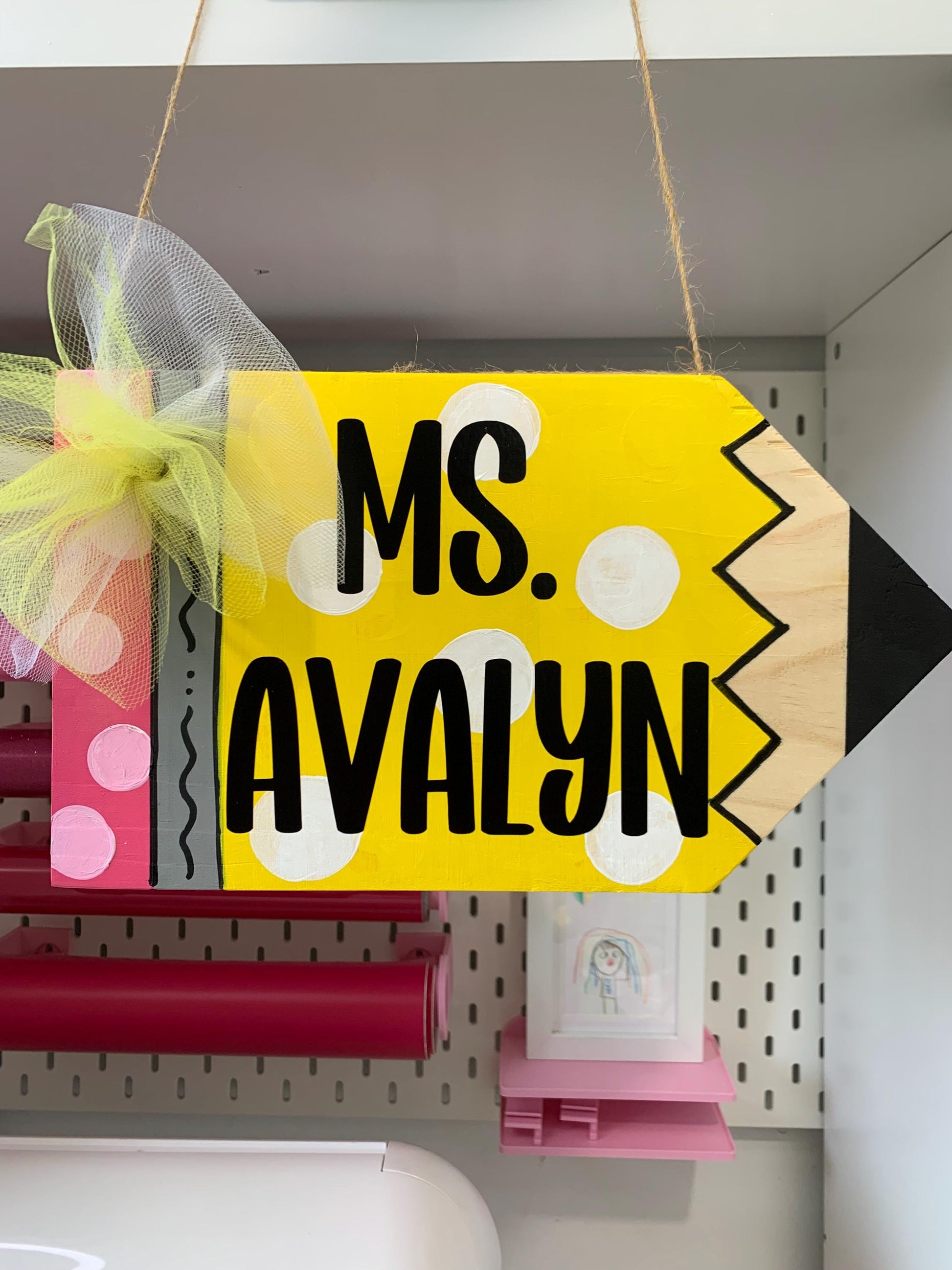 “Personalized pencil teacher door hanger with bow”

“Whimsical classroom door sign with polka dots”

“Custom teacher name wood pencil sign for school”