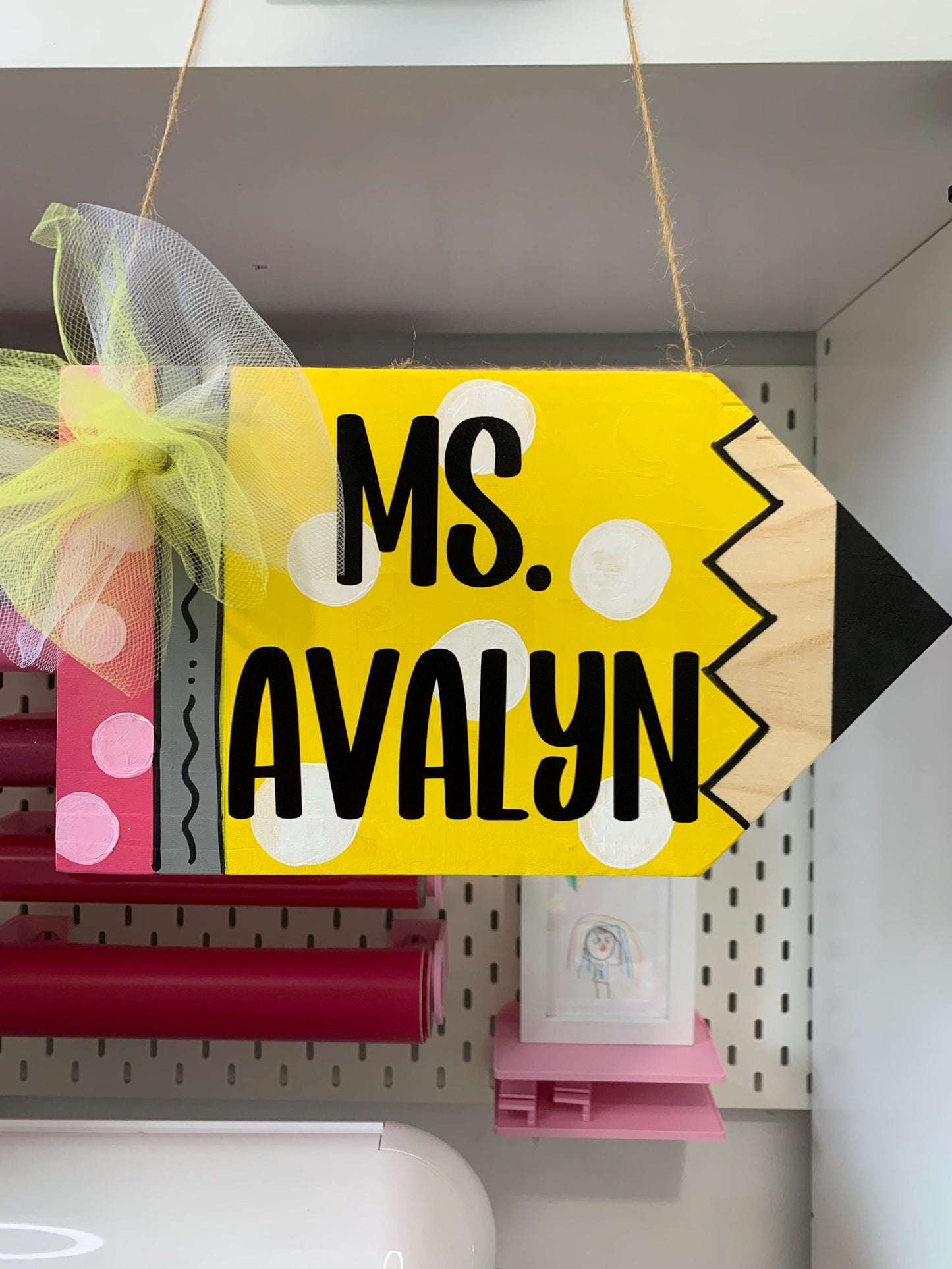 “Personalized pencil teacher door hanger with bow”

“Whimsical classroom door sign with polka dots”

“Custom teacher name wood pencil sign for school”