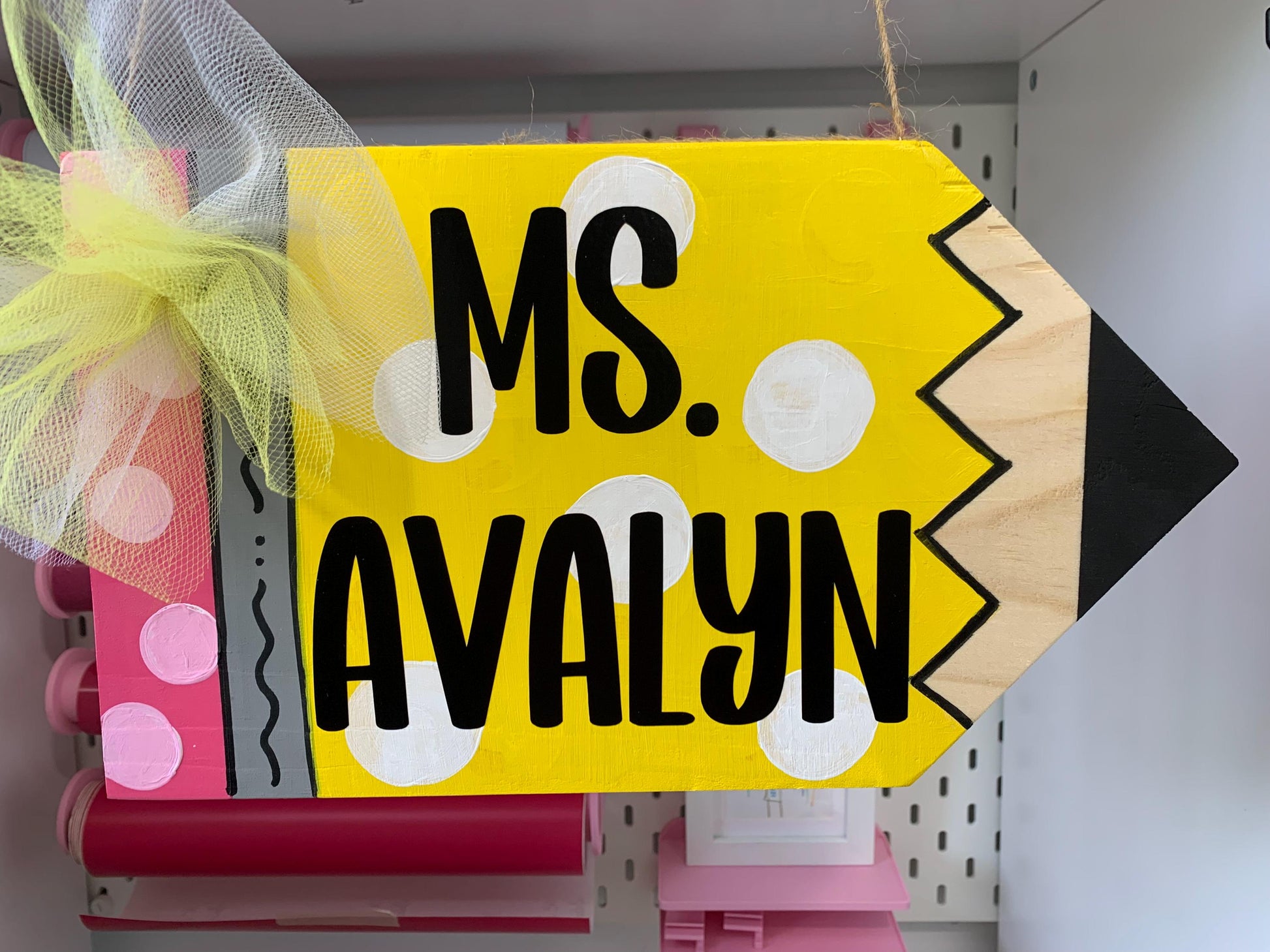 “Personalized pencil teacher door hanger with bow”

“Whimsical classroom door sign with polka dots”

“Custom teacher name wood pencil sign for school”