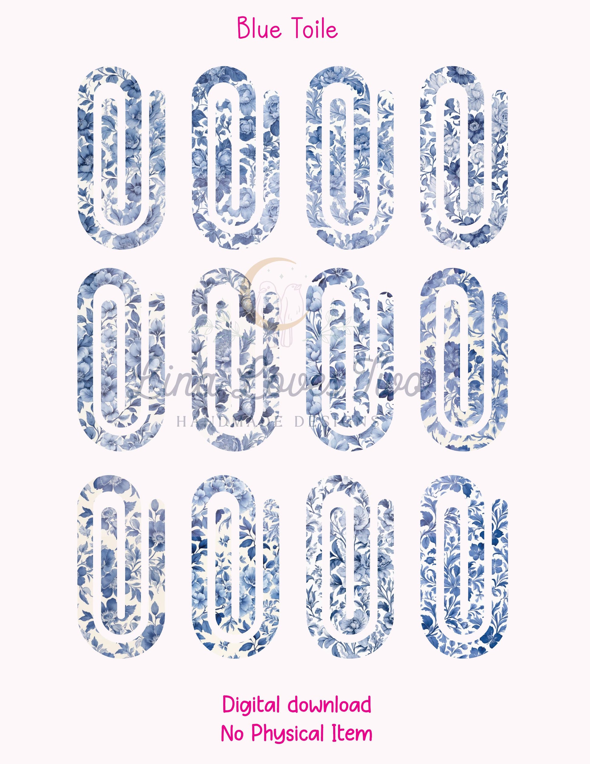Blue French Toile Theme Jumbo Paperclip for – Instant by Lina Loves Two, handmade in Los Angeles CA