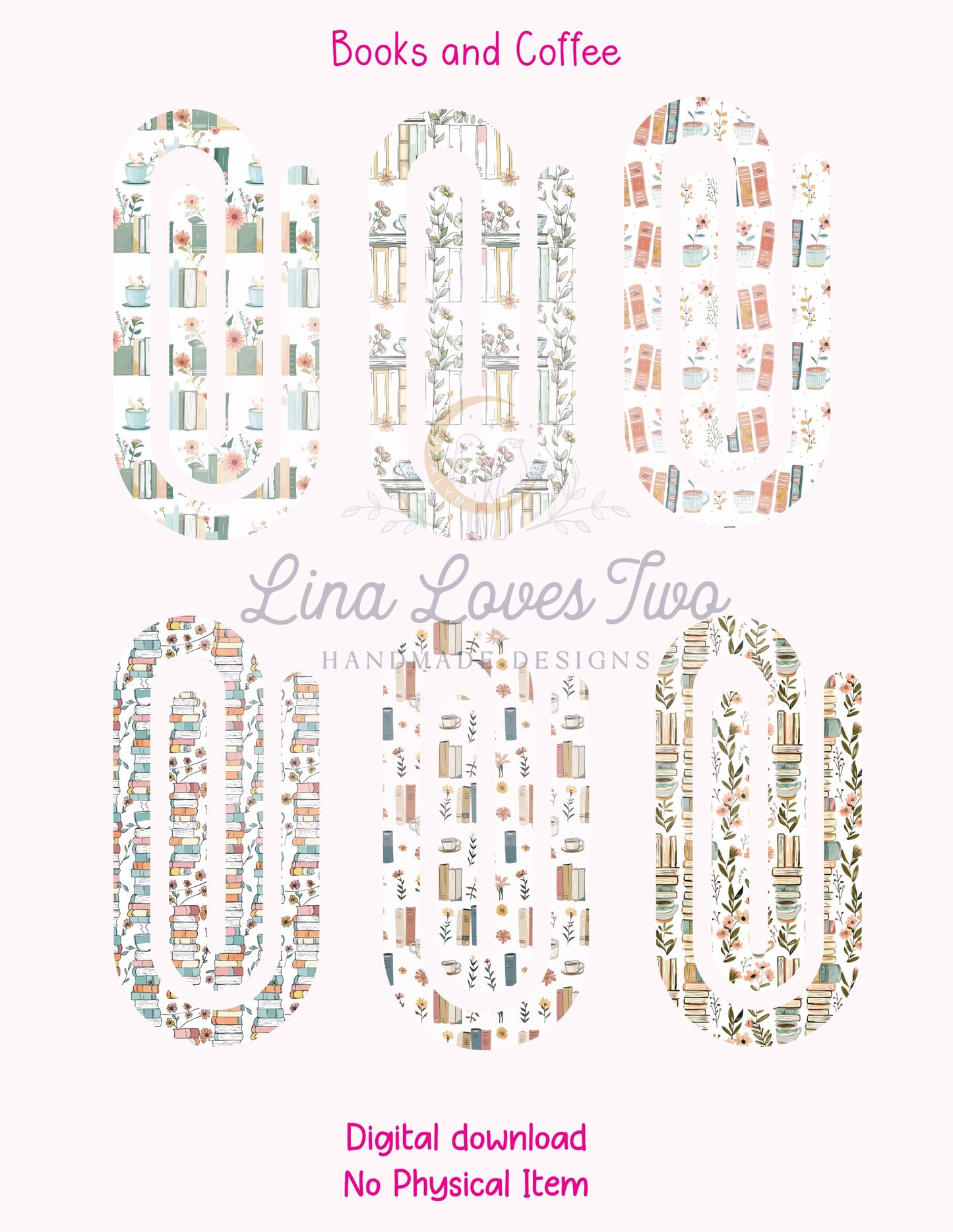 Books and Coffee Theme Jumbo Paperclip PNG for Sublimation – Instant Digital Download