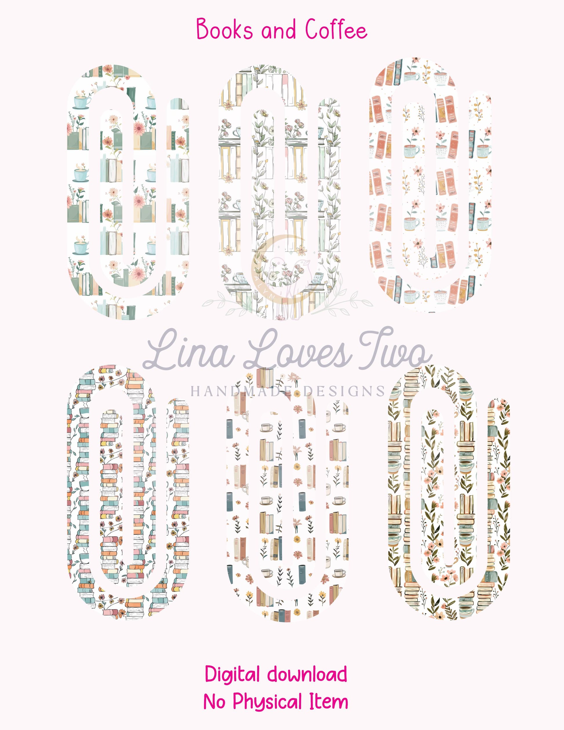 Books and Coffee Theme Jumbo Paperclip PNG for Sublimation – Instant Digital Download