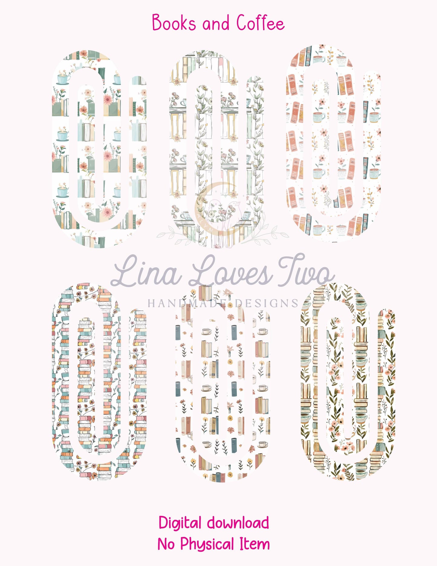 Books and Coffee Theme Jumbo Paperclip for – Instant by Lina Loves Two, handmade in Los Angeles CA