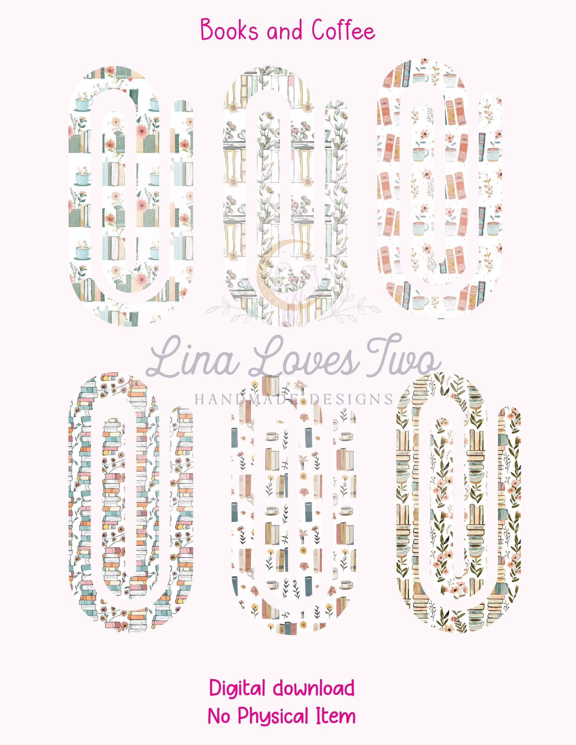 Books and Coffee Theme Jumbo Paperclip for – Instant by Lina Loves Two, handmade in Los Angeles CA